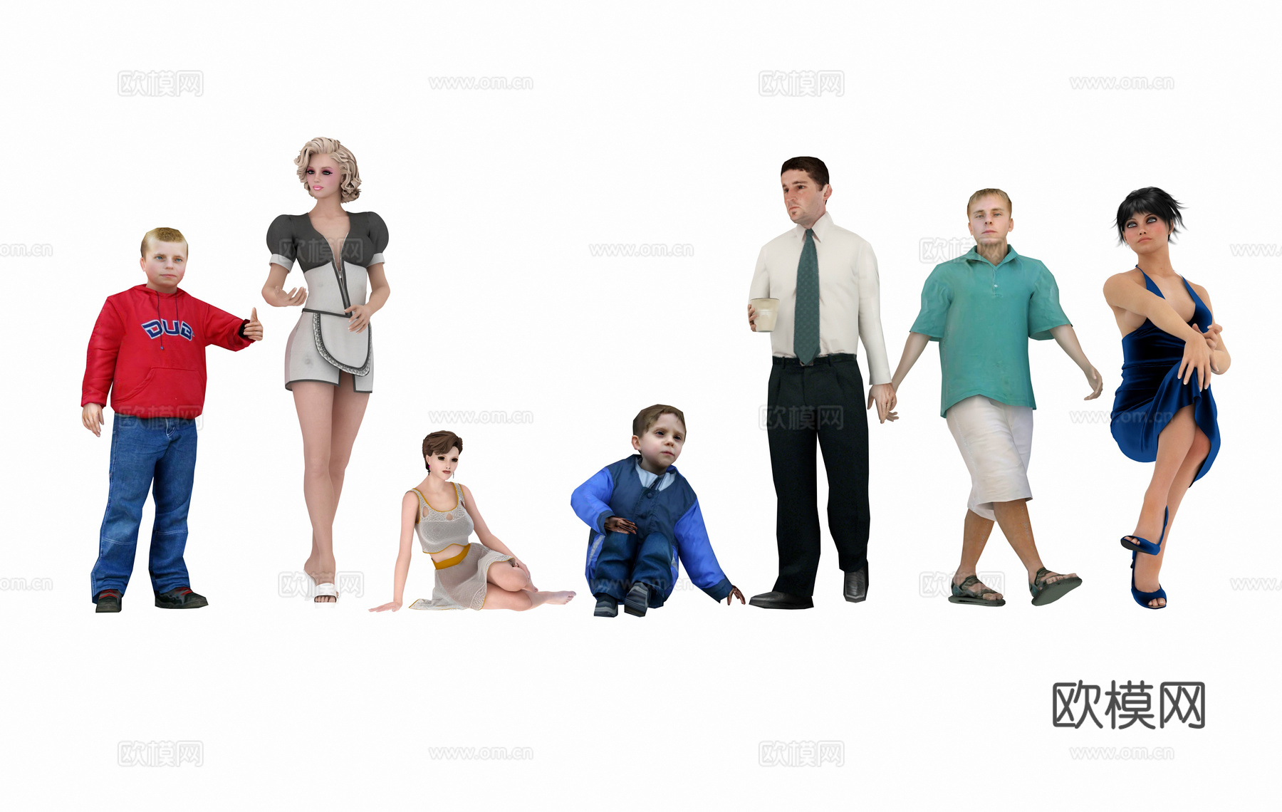 中式现代都市男女儿童3d模型