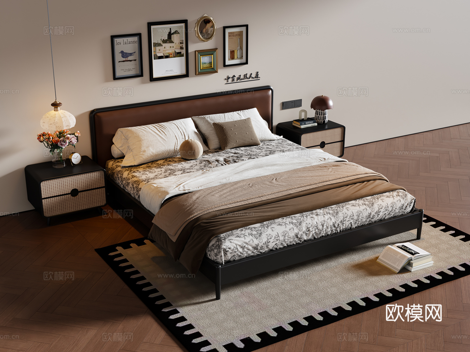 法式中古风双人床 实木双人床 床头柜 挂画 地毯3d模型下载
