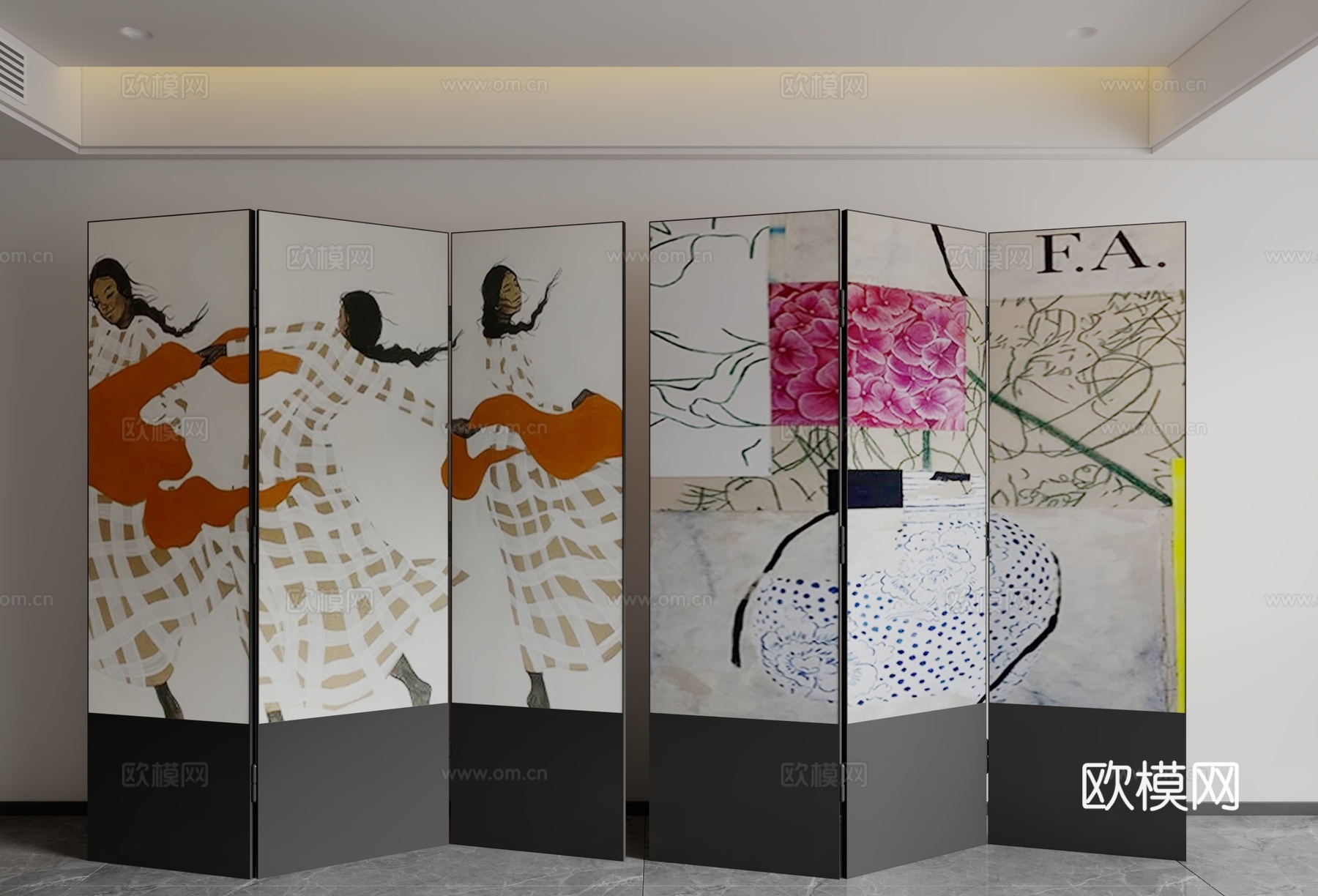 现代中古风屏风3d模型下载