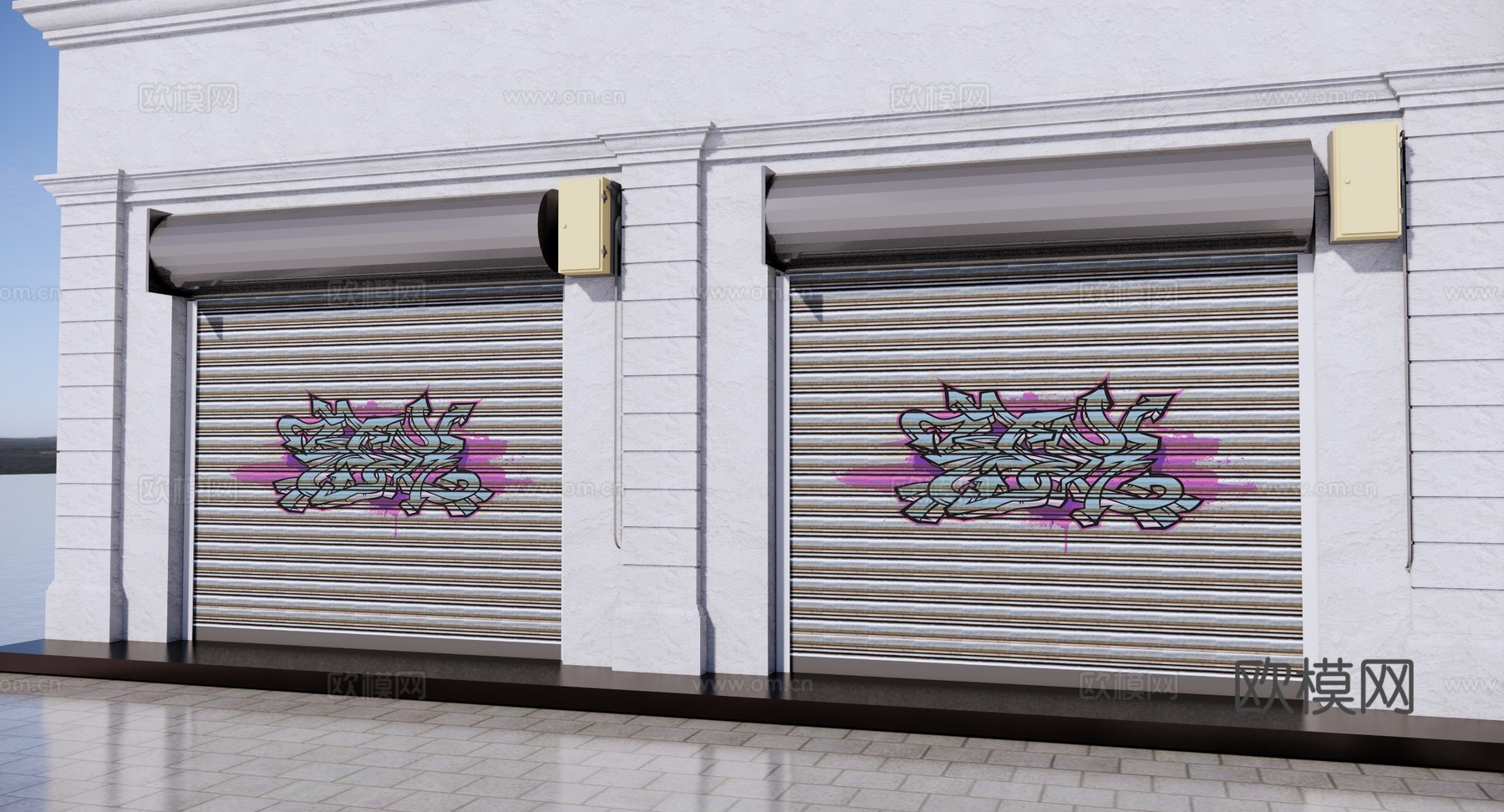 现代 卷闸门 商业金属卷帘门 涂鸦卷帘门 商业街铺面 铁闸门su模型