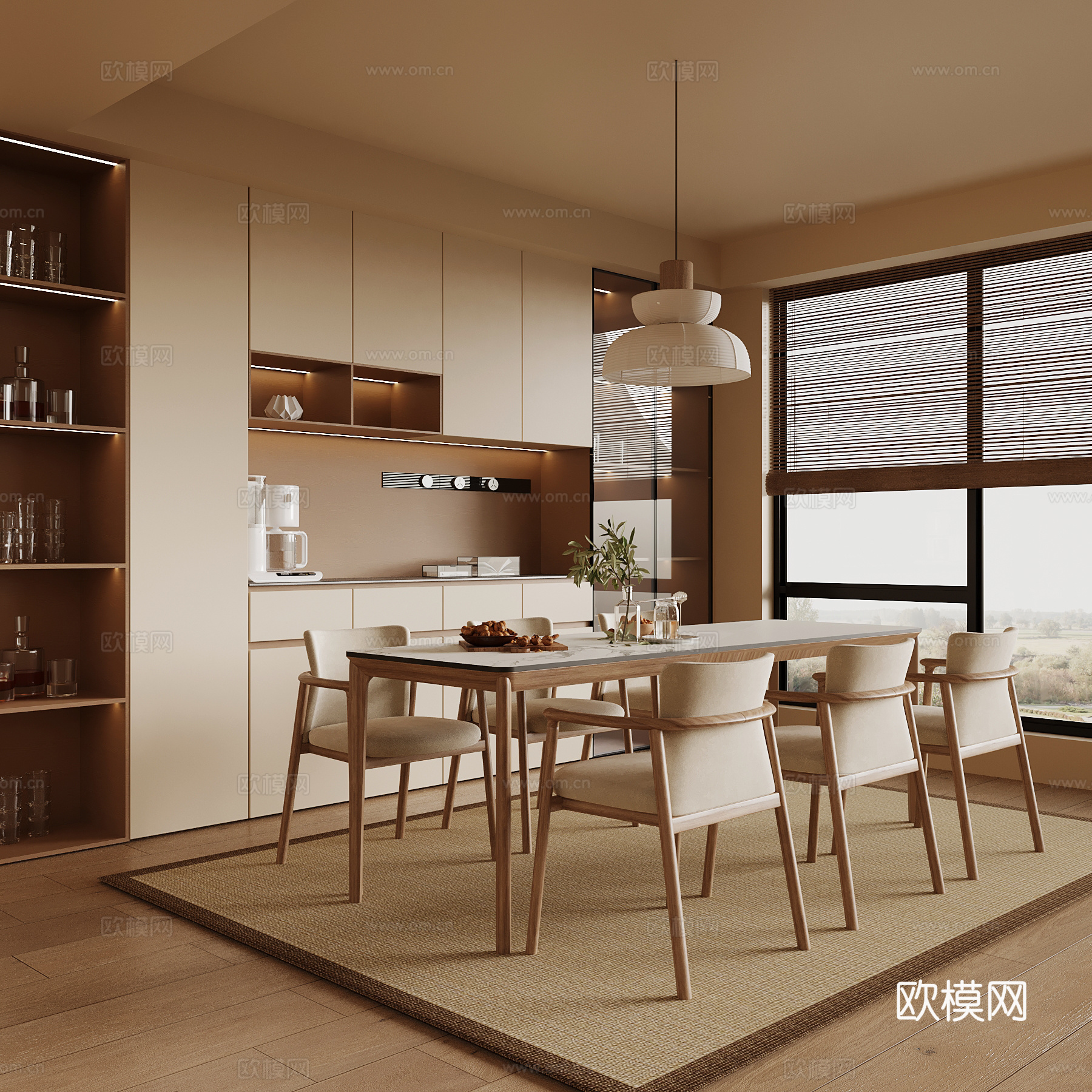 新中式餐厅 餐桌椅 酒柜su模型
