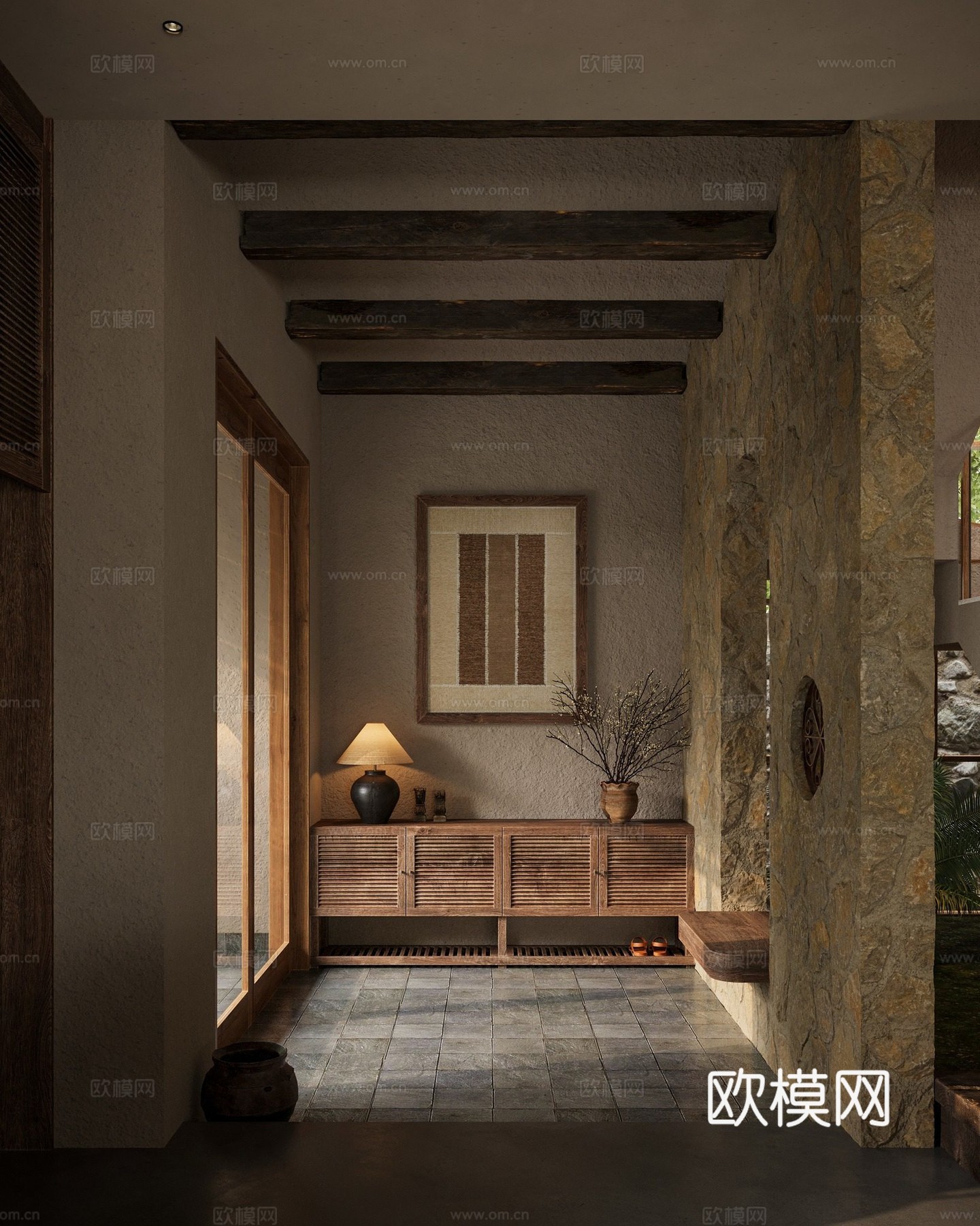 自然简约风客餐厅 原木编织 客厅餐厅玄关 民宿套房客餐厅3d模型下载（渲染图3）