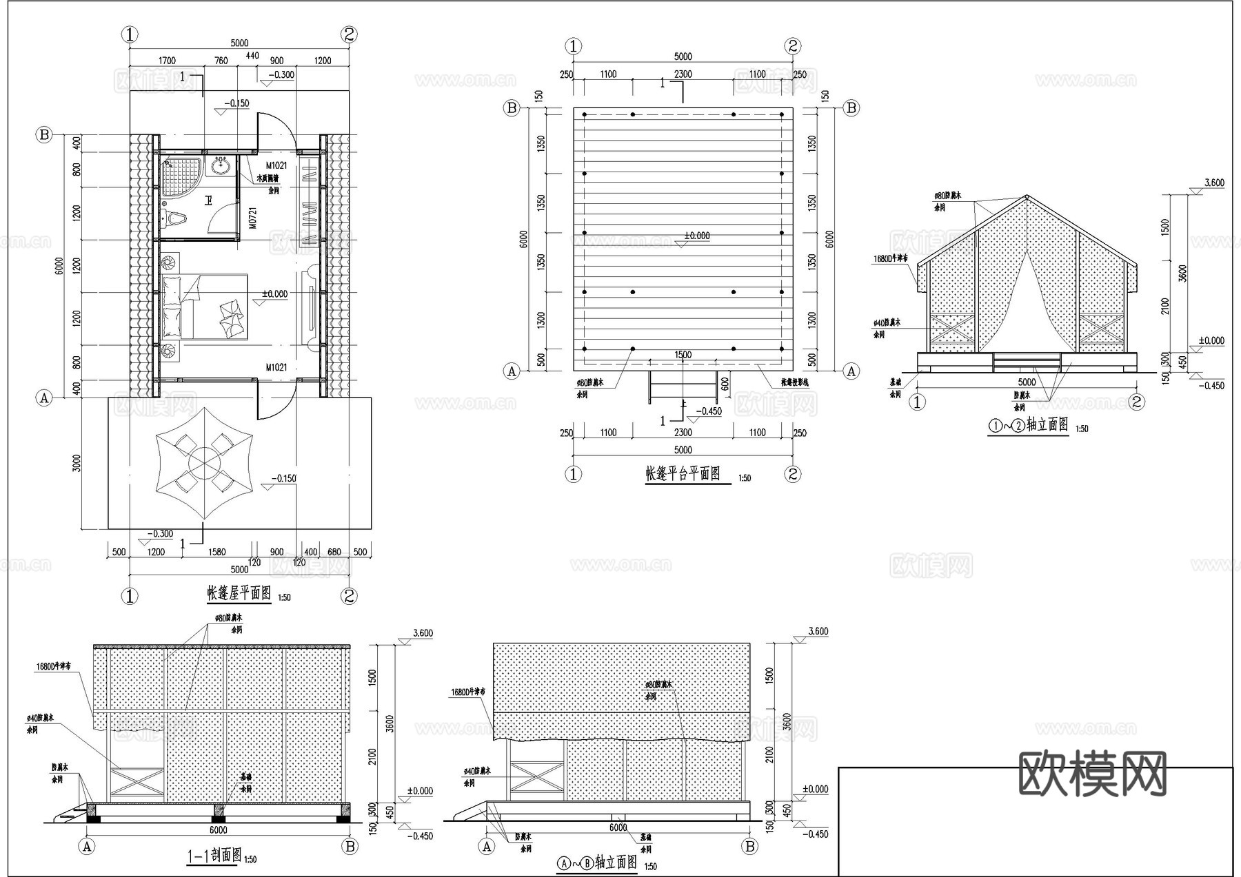 三角木屋帐篷节点图cad施工图