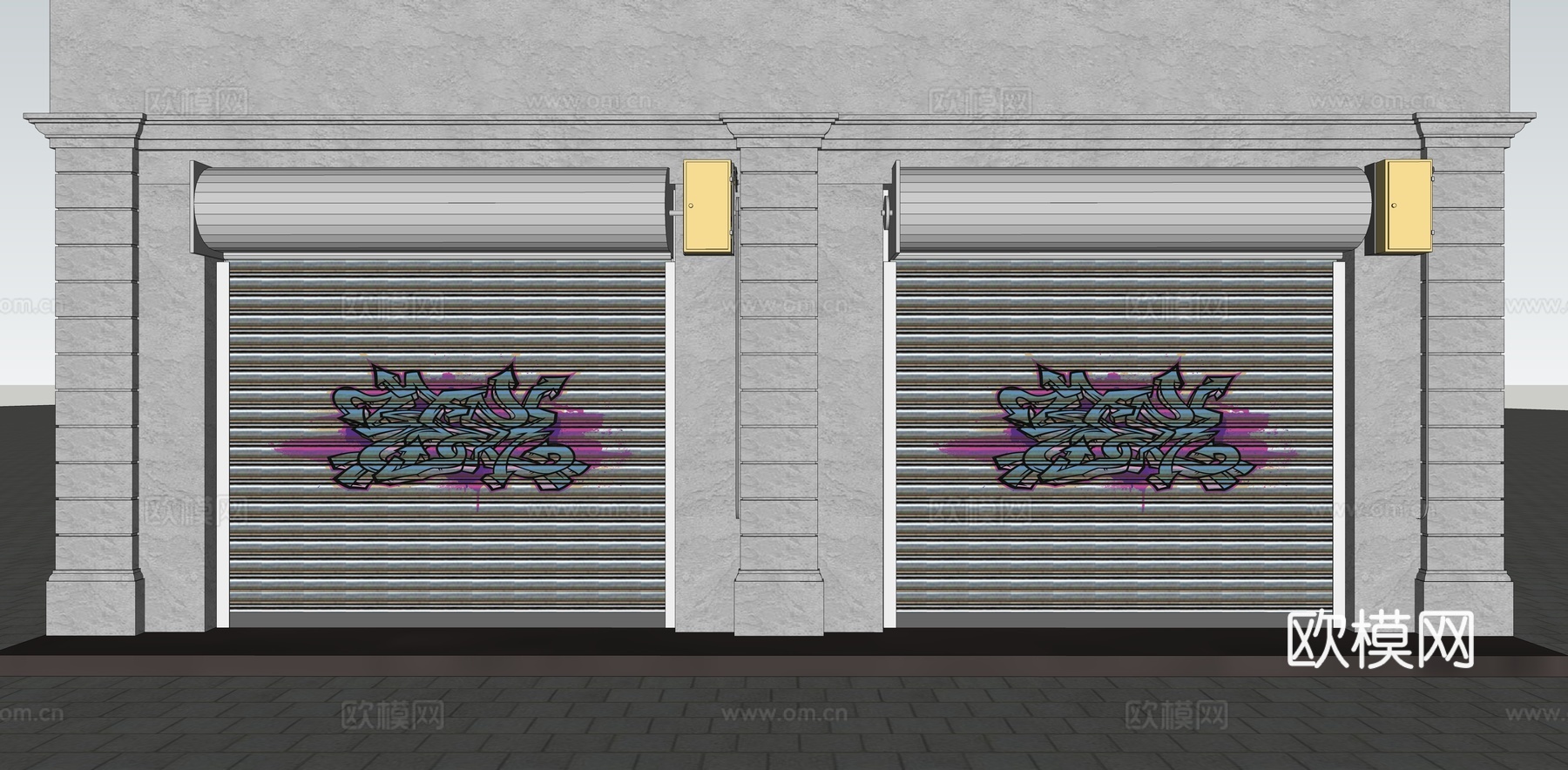 现代 卷闸门 商业金属卷帘门 涂鸦卷帘门 商业街铺面 铁闸门su模型