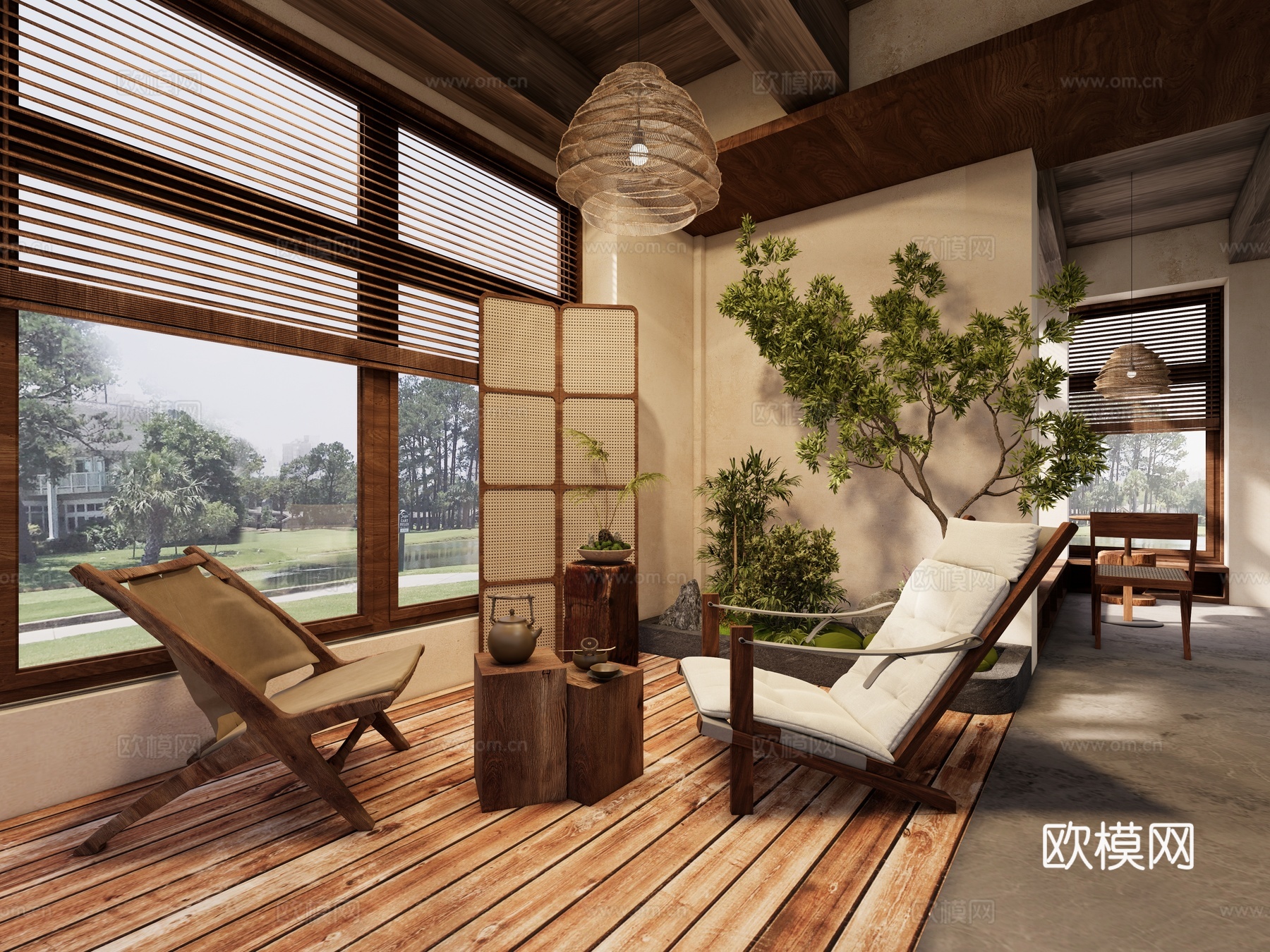 侘寂中古阳台 别墅阳台 阳台景观 柚木 胡桃木休闲椅 躺椅3d模型下载