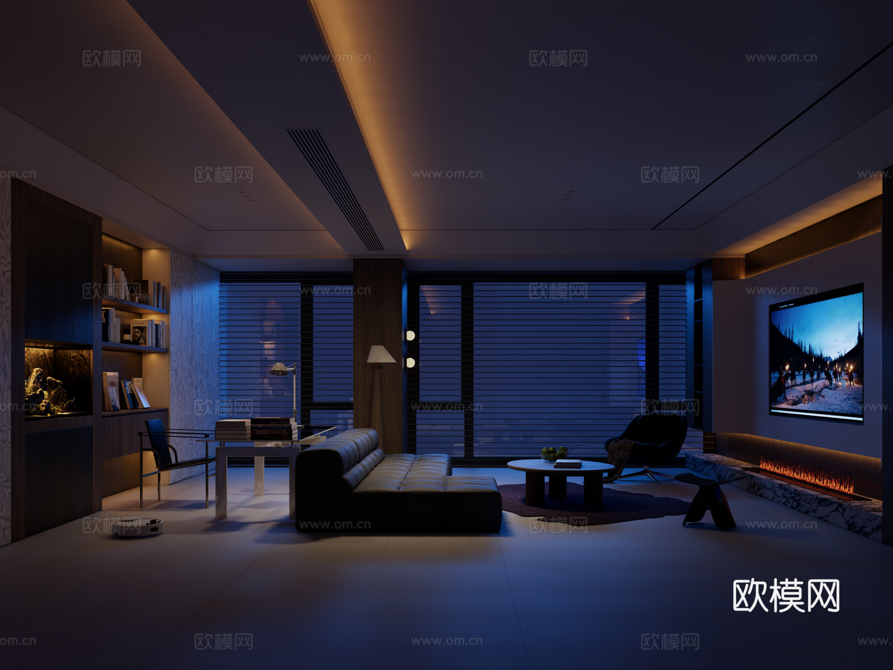 极简现代客餐厅夜景su模型