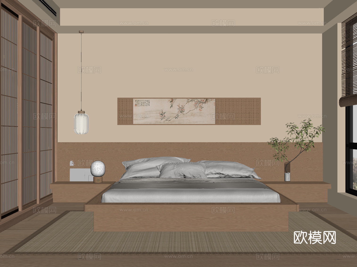 新中式卧室 日式卧室su模型