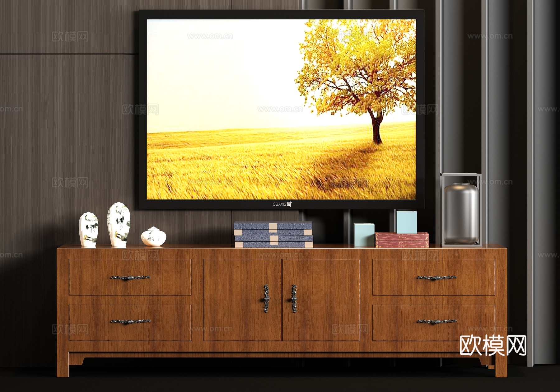 新中式实木电视柜饰品电视组合3d模型下载