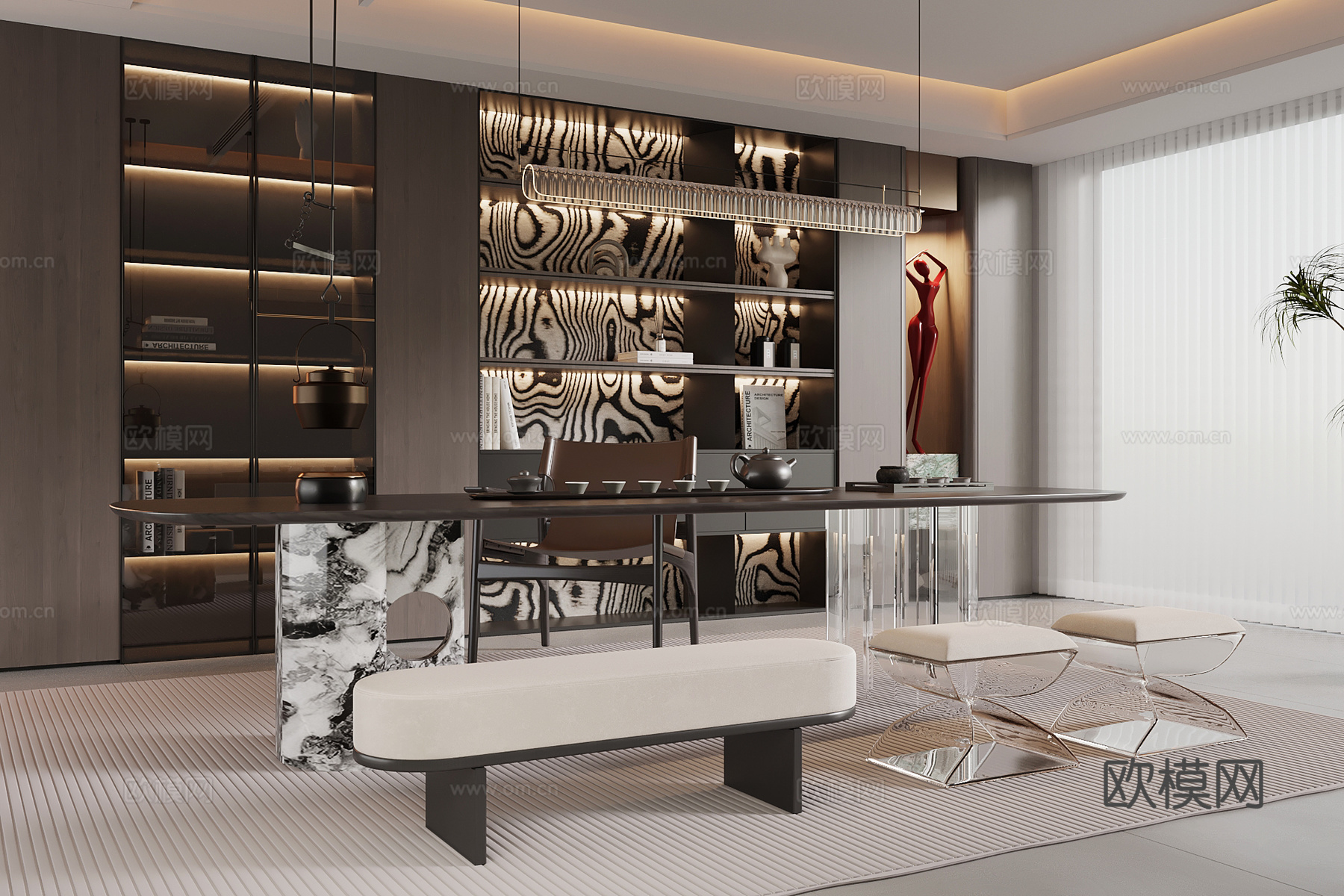 现代意式茶室 茶桌椅 置物架 书架3d模型下载