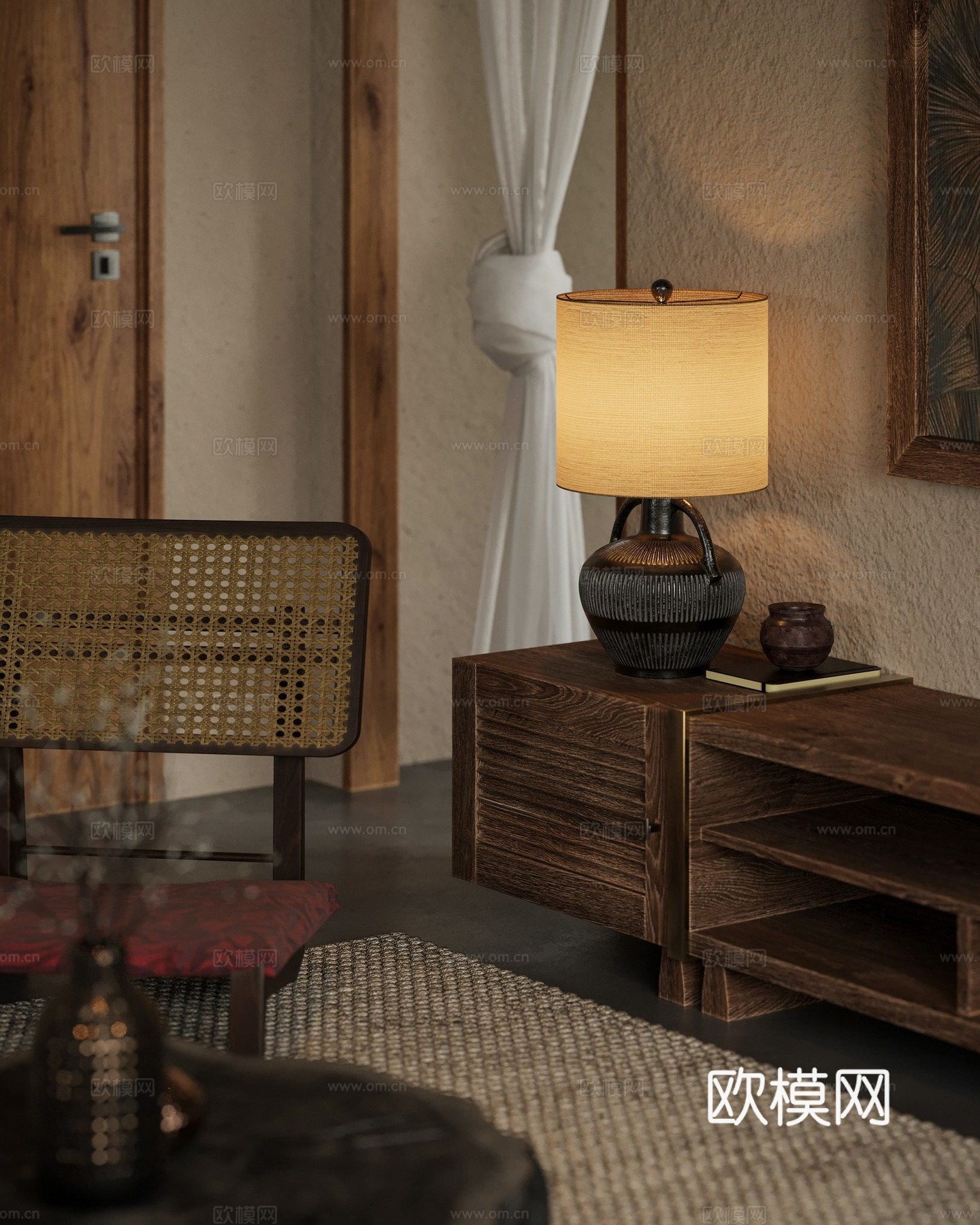 自然简约风客餐厅 原木编织 客厅餐厅玄关 民宿套房客餐厅3d模型下载（渲染图2）