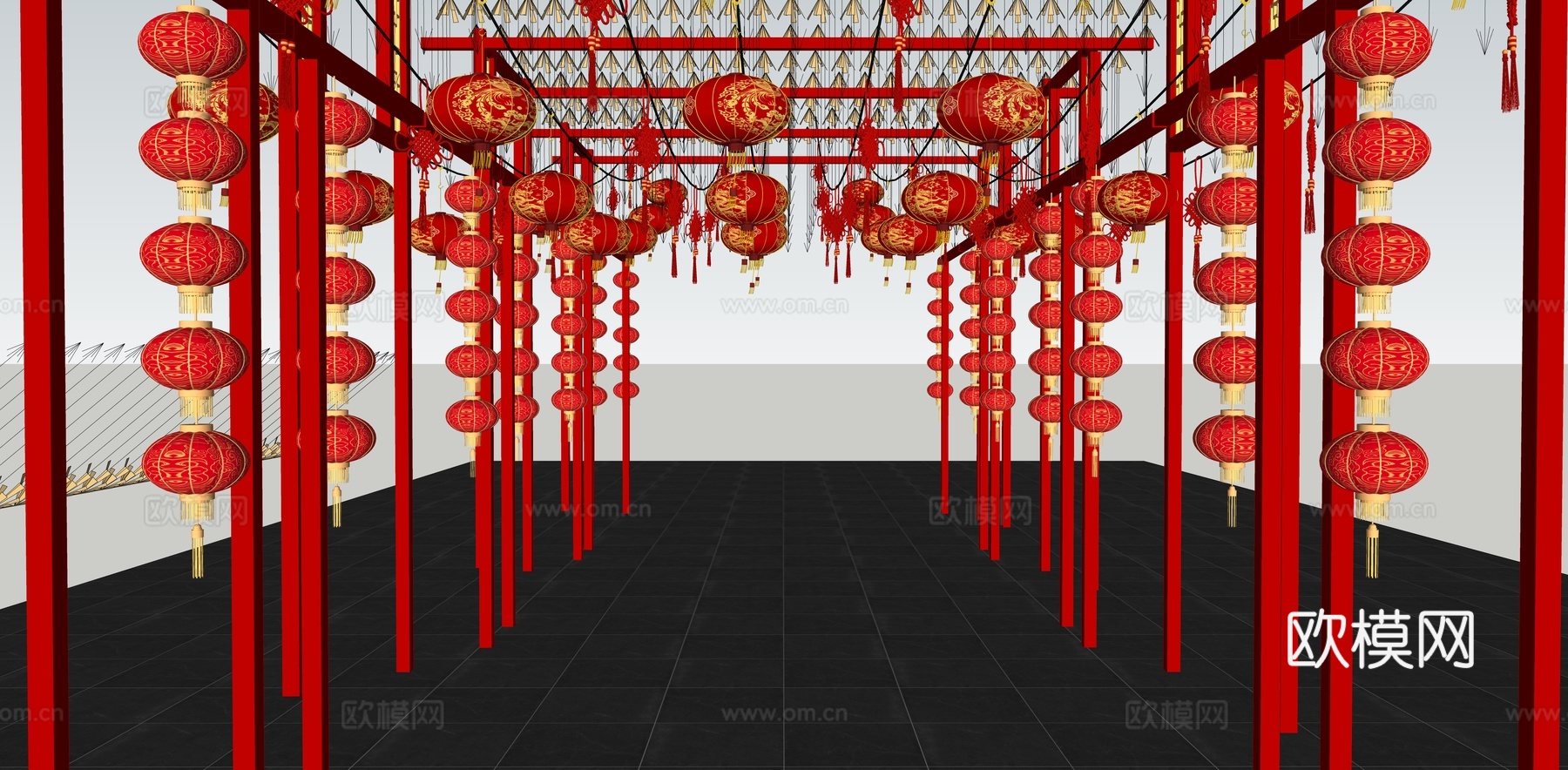 中式 美陈 红灯笼 春节元宵灯笼国潮美陈 灯笼木架 彩灯su模型