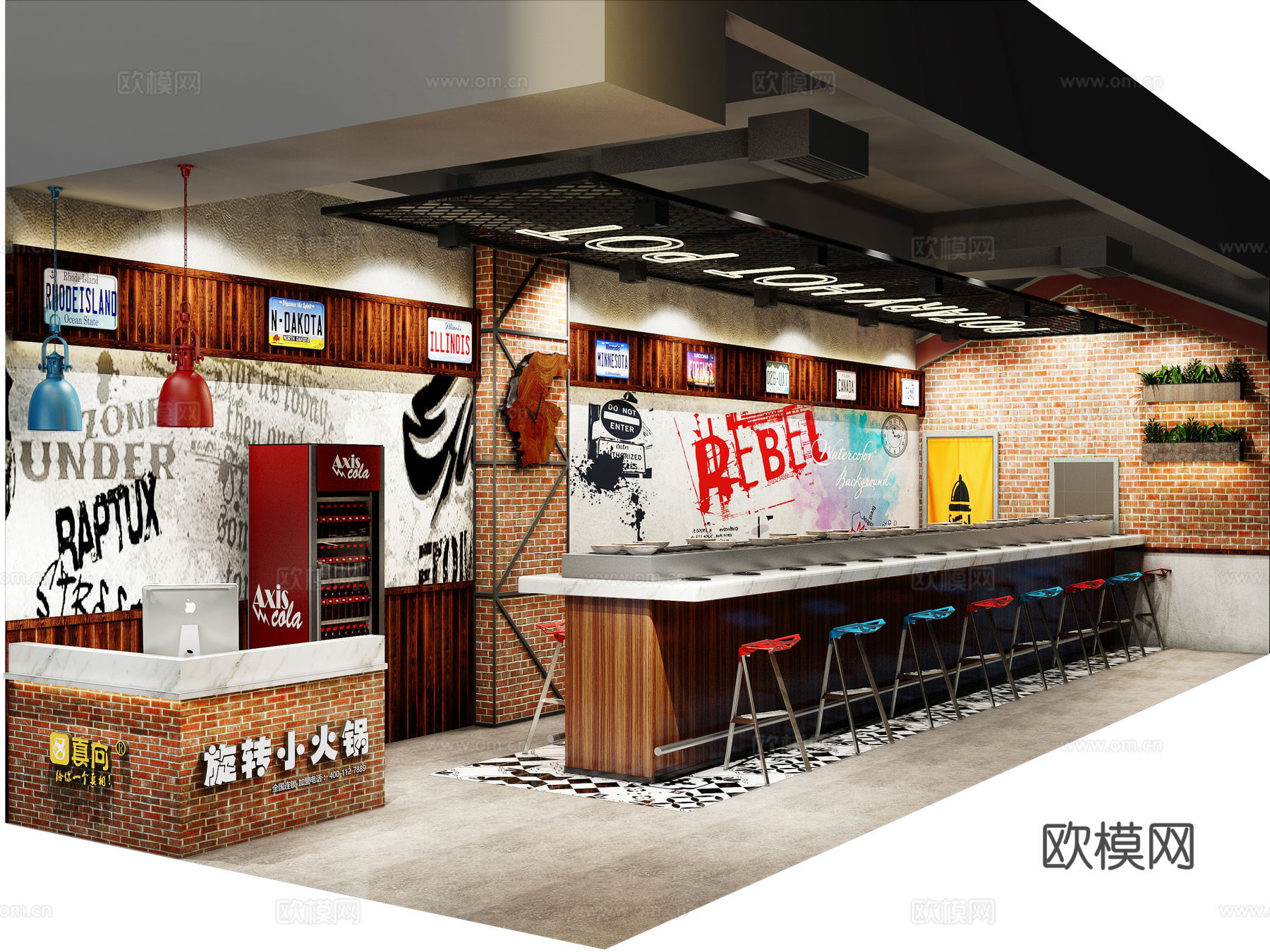 工业风Loft餐厅 火锅店 文化墙 车牌 墙饰咖啡馆 复3d模型下载（渲染图3）