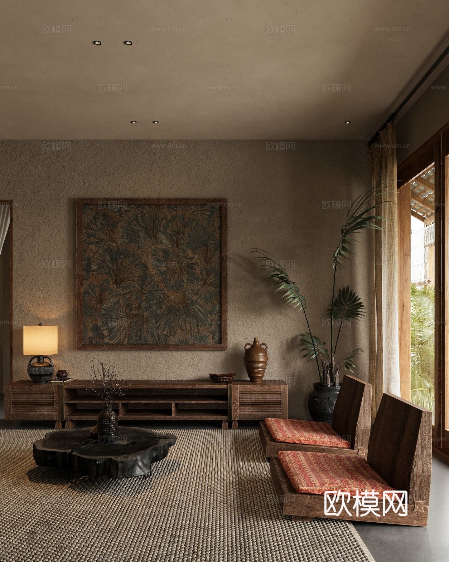 自然简约风客餐厅 原木编织 客厅餐厅玄关 民宿套房客餐厅3d模型下载（渲染图6）