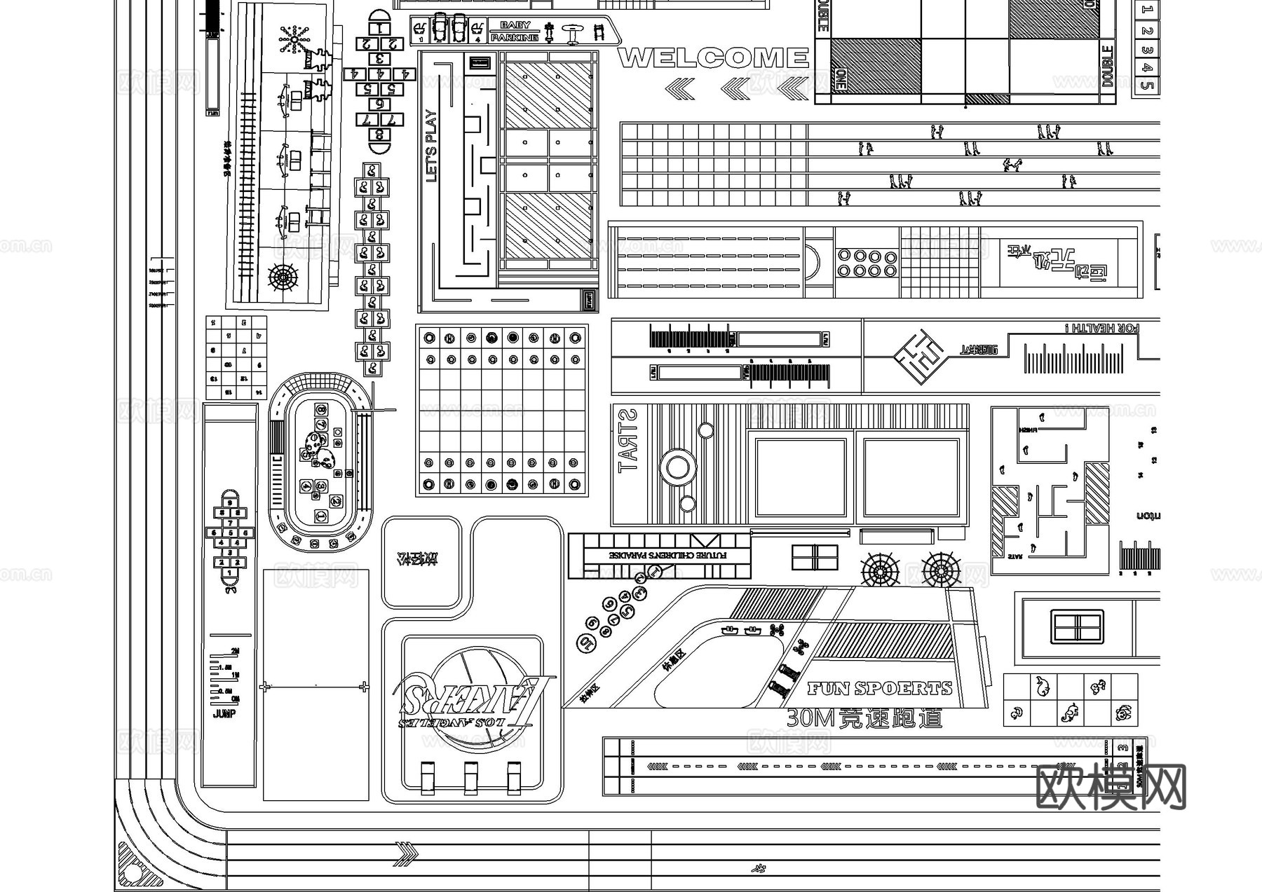 健身运动场地儿童活动场地跑道CAD图库cad施工图