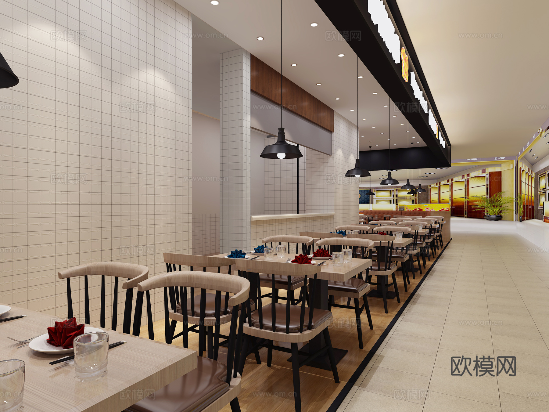 现代餐厅餐桌椅 胡椒厨房 餐桌椅 吧台 门头 卡座 吊灯3d模型下载（渲染图3）