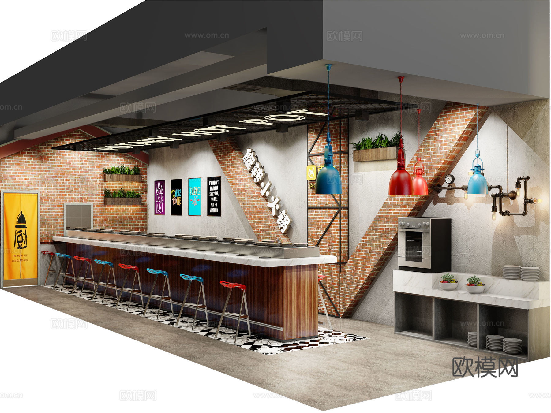 工业风Loft餐厅 火锅店 文化墙 车牌 墙饰咖啡馆 复3d模型下载（渲染图2）