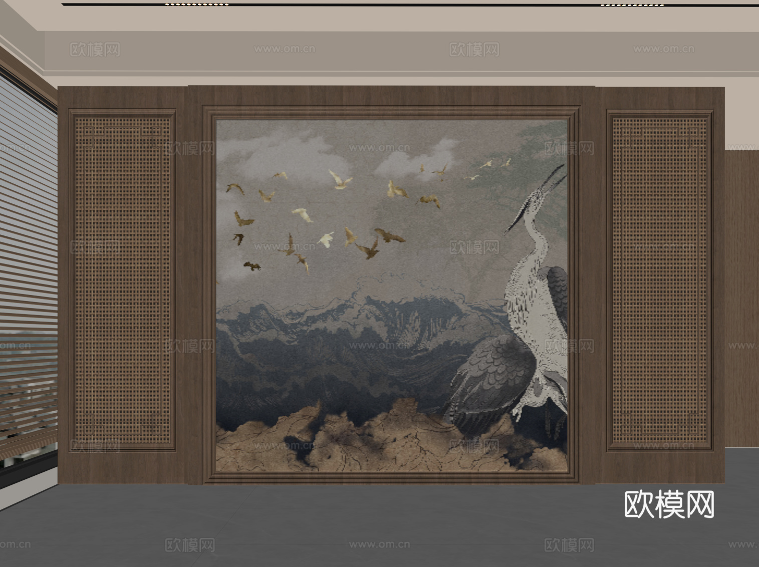 新中式背景墙su模型