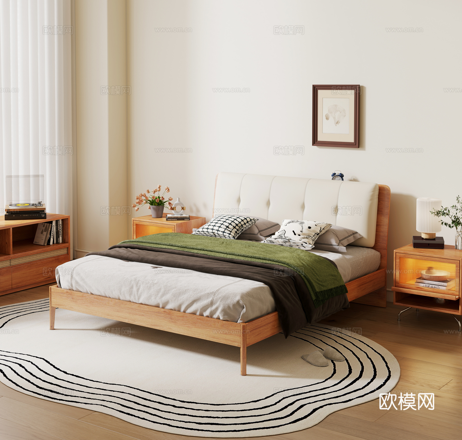 原木风双人床 北欧风实木床 实木床头柜3d模型下载