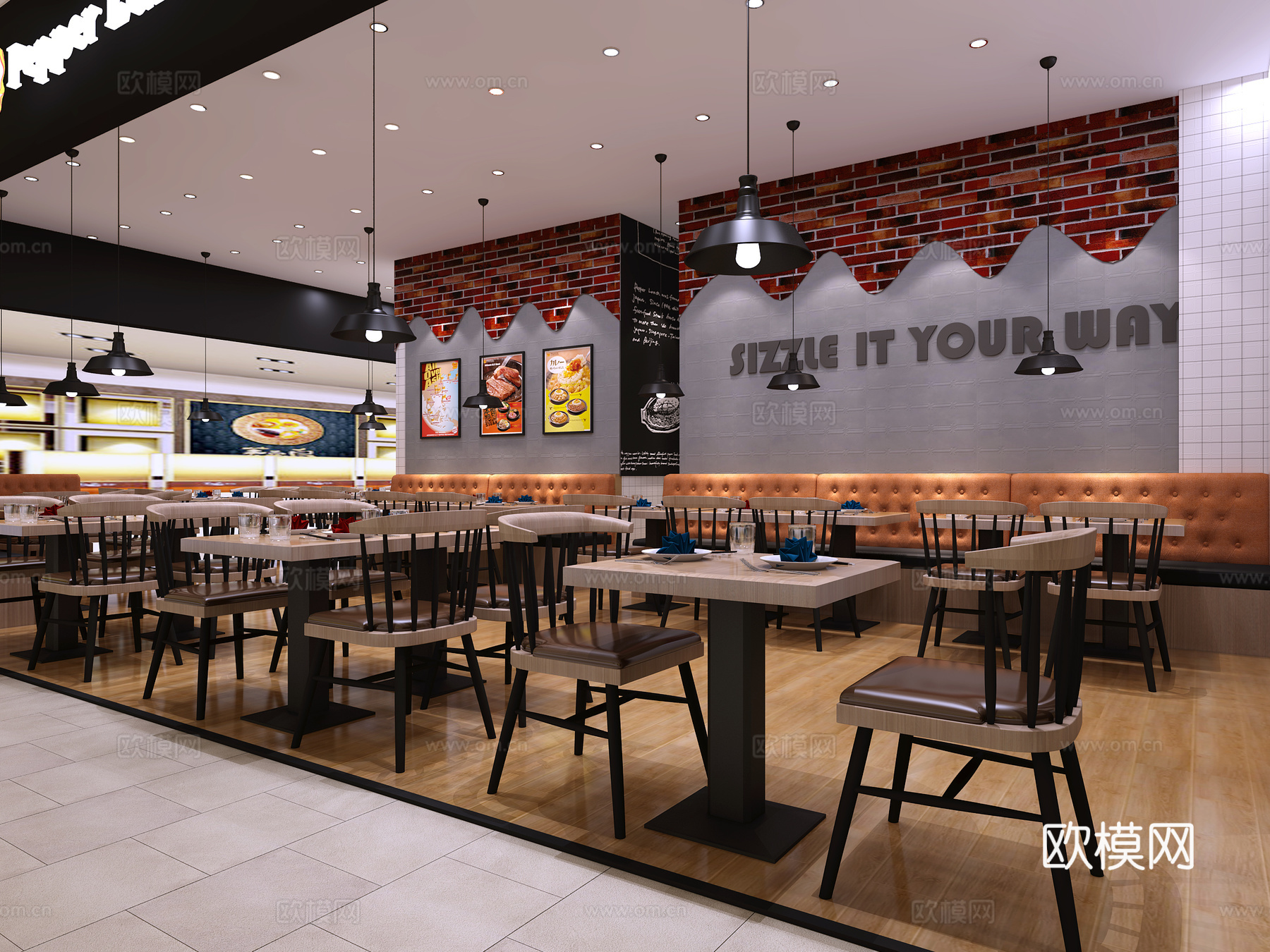 现代餐厅餐桌椅 胡椒厨房 餐桌椅 吧台 门头 卡座 吊灯3d模型下载（渲染图2）