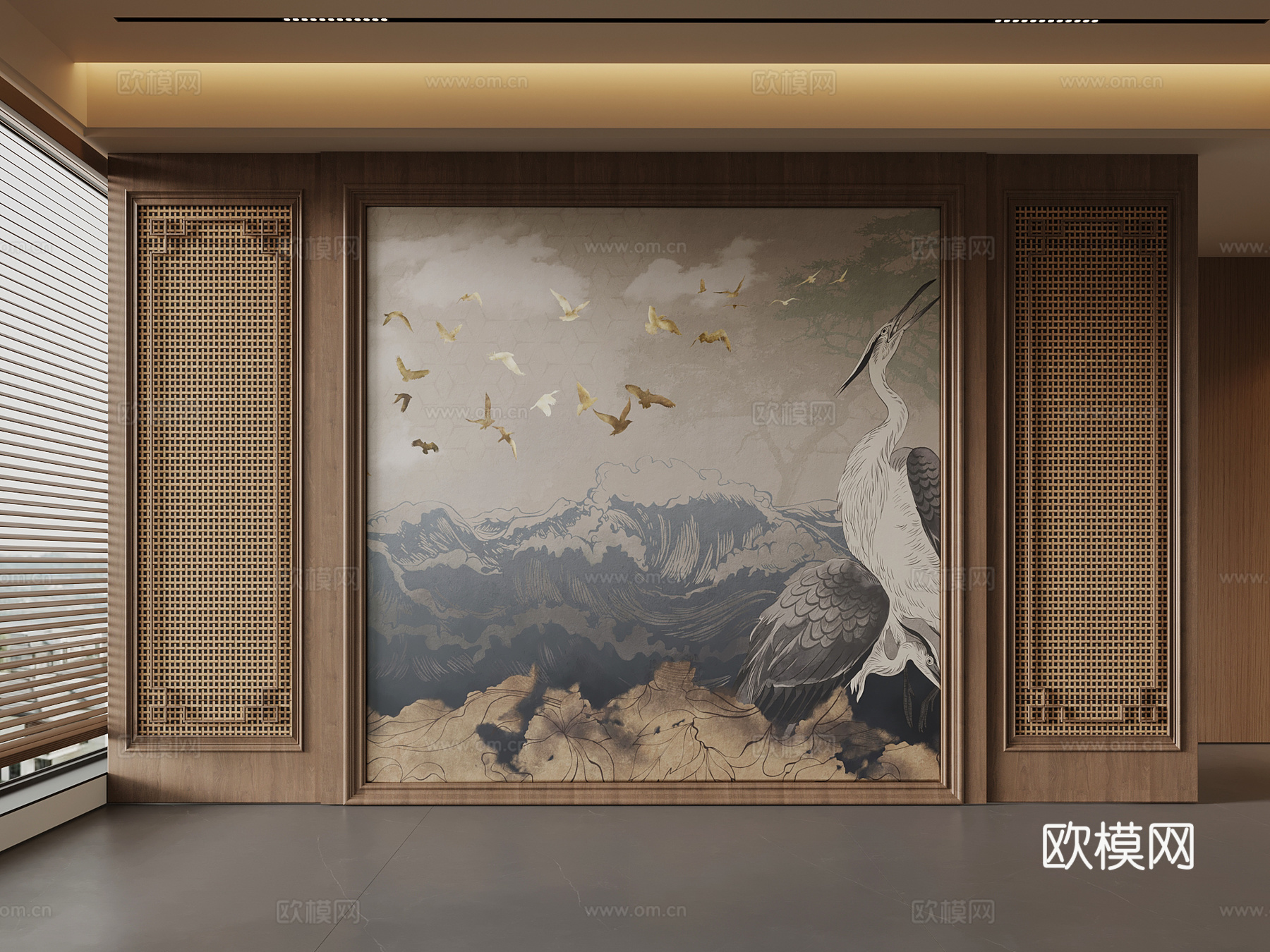 新中式背景墙su模型
