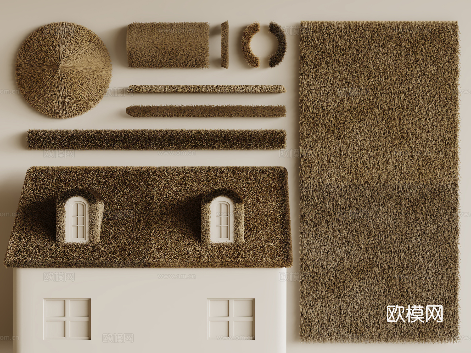 现代茅草屋顶 茅草棚 枯草顶su模型