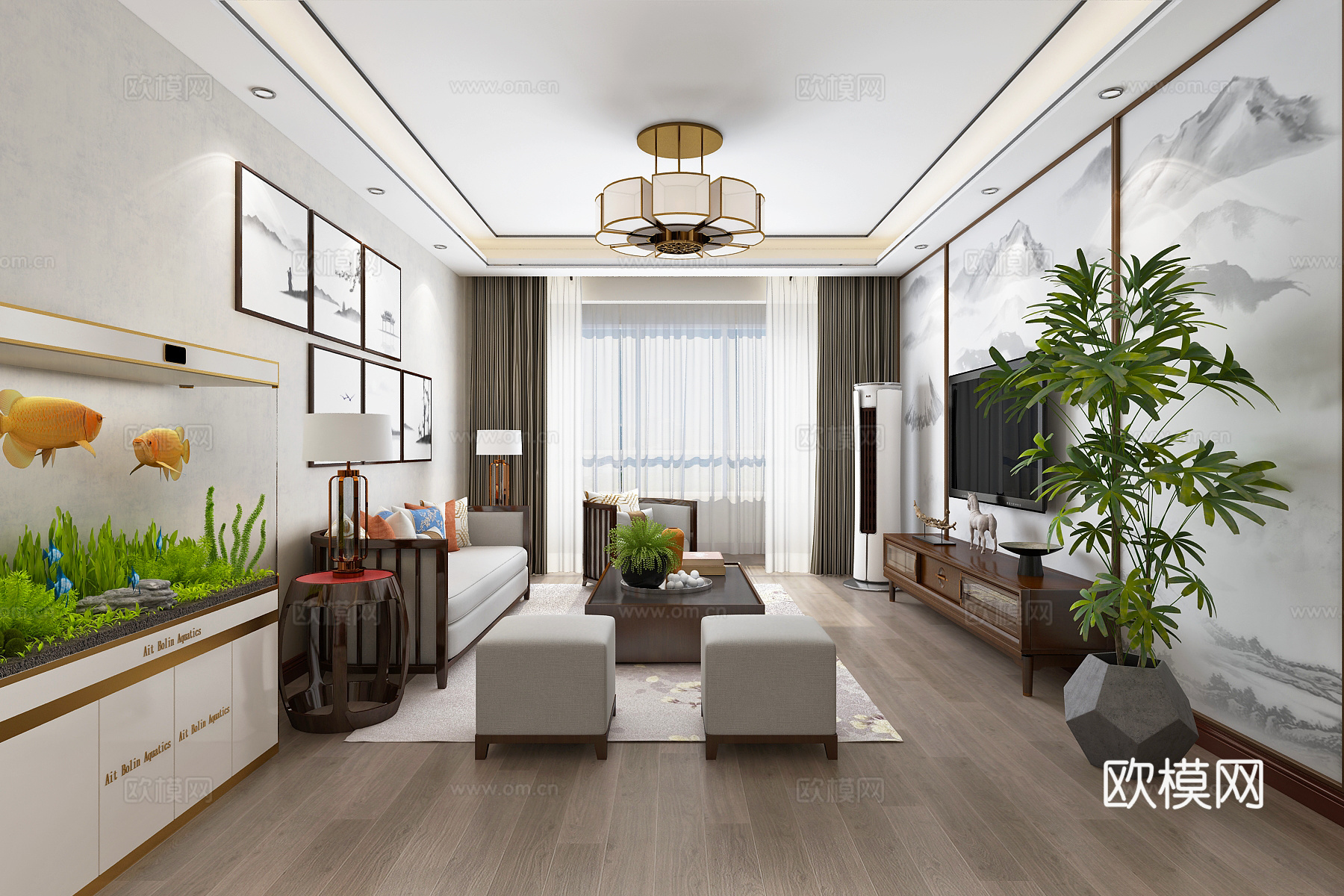 新中式客餐厅3D模型 沙发组合 茶几 电视柜 餐桌椅鱼缸3d模型下载（渲染图2）
