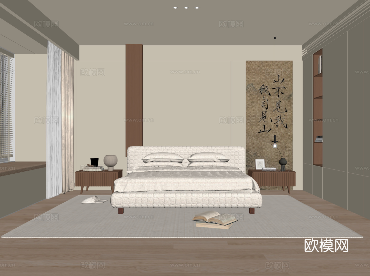 中古风卧室 双人床 衣柜su模型