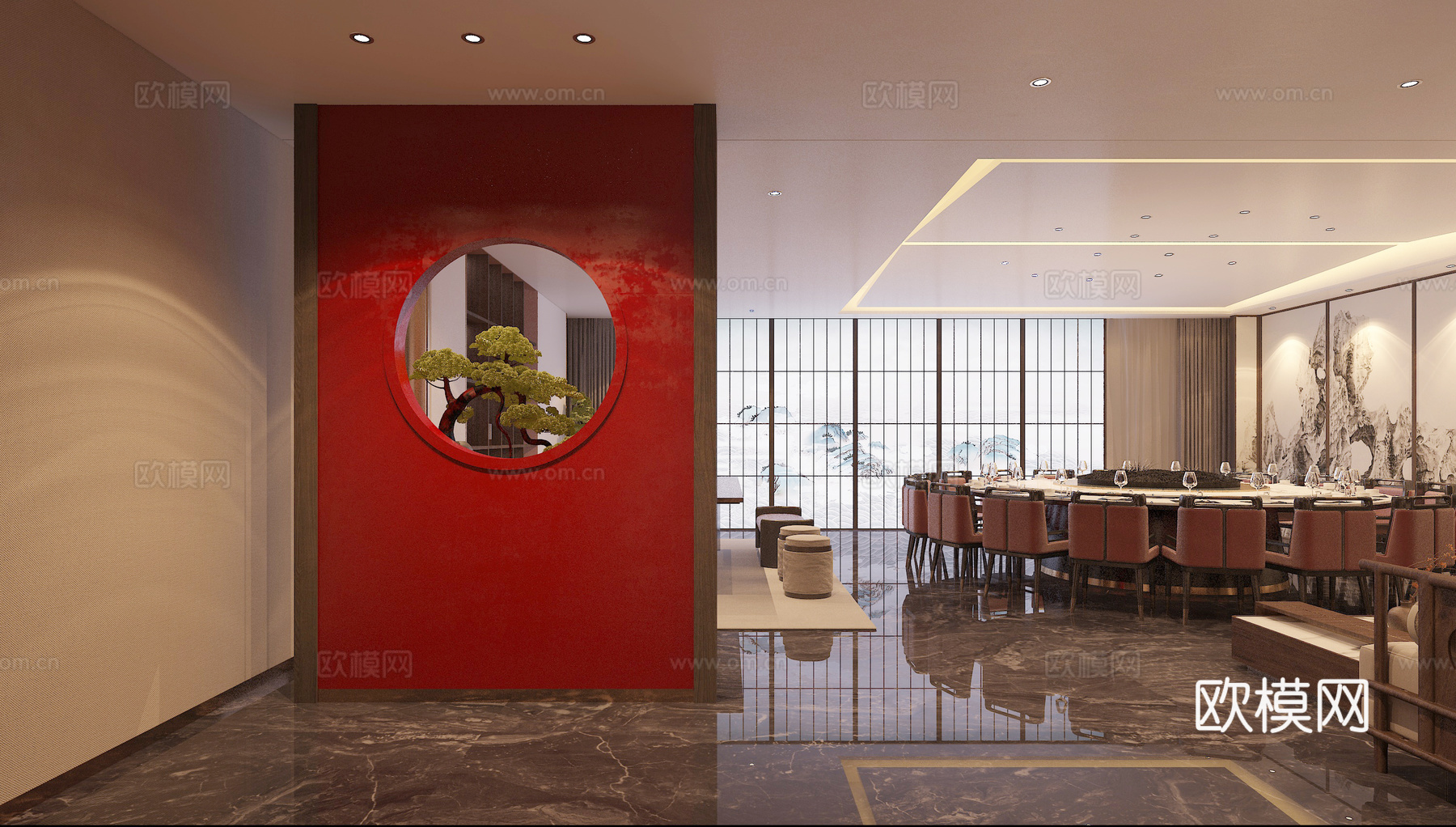 新中式20人超大包厢餐厅3d模型下载（渲染图1）