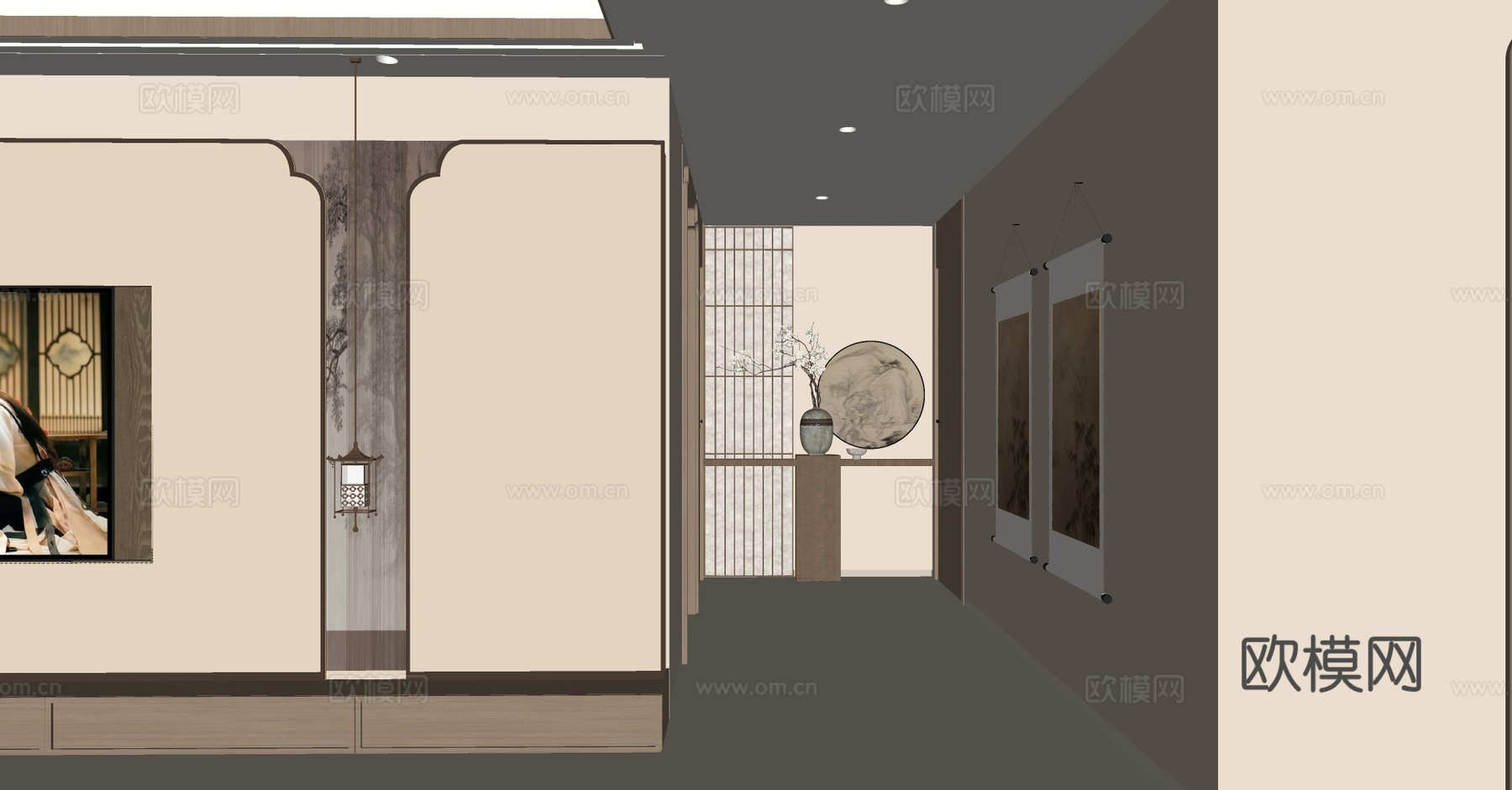 中古风入户玄关 原木风玄关柜 端景台玄关 别墅玄关 玄关背景su模型