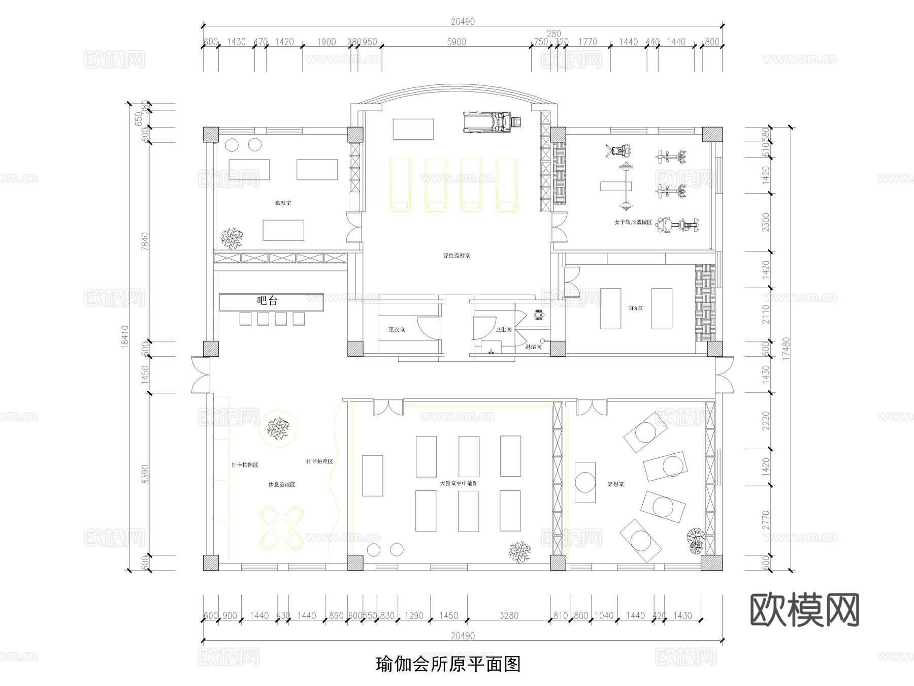 24套普拉提瑜伽馆健身房瑜伽室CAD施工图cad施工图