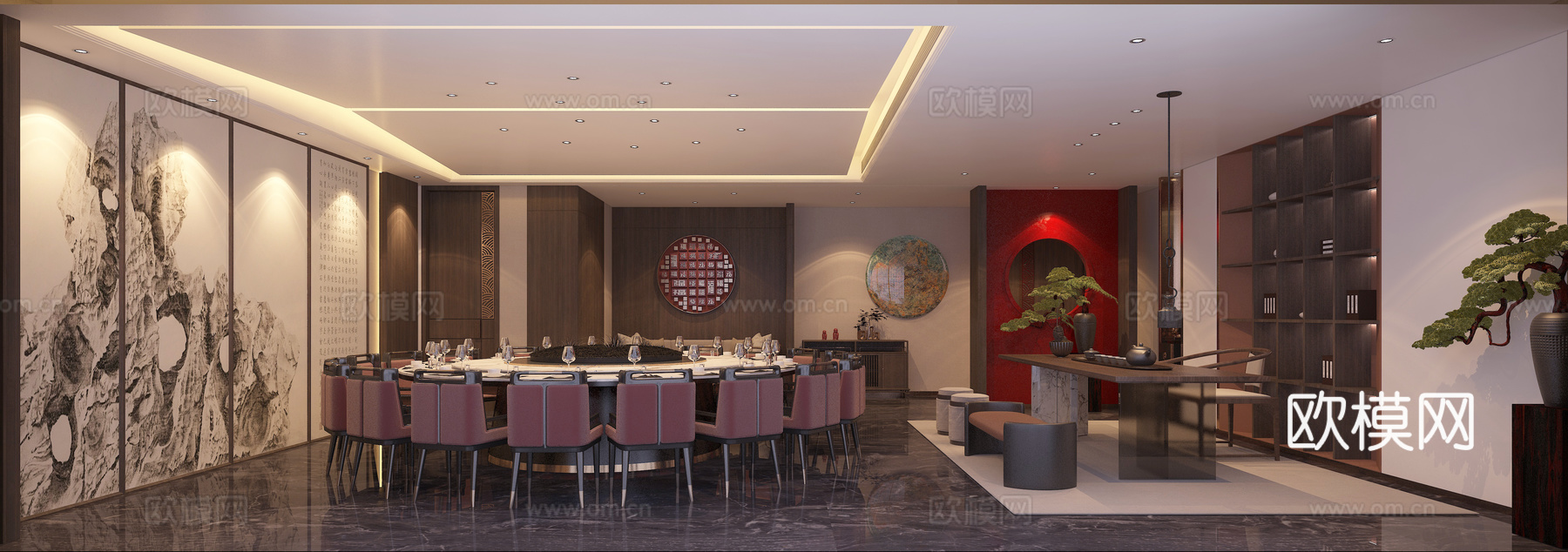 新中式20人超大包厢餐厅3d模型下载（渲染图5）