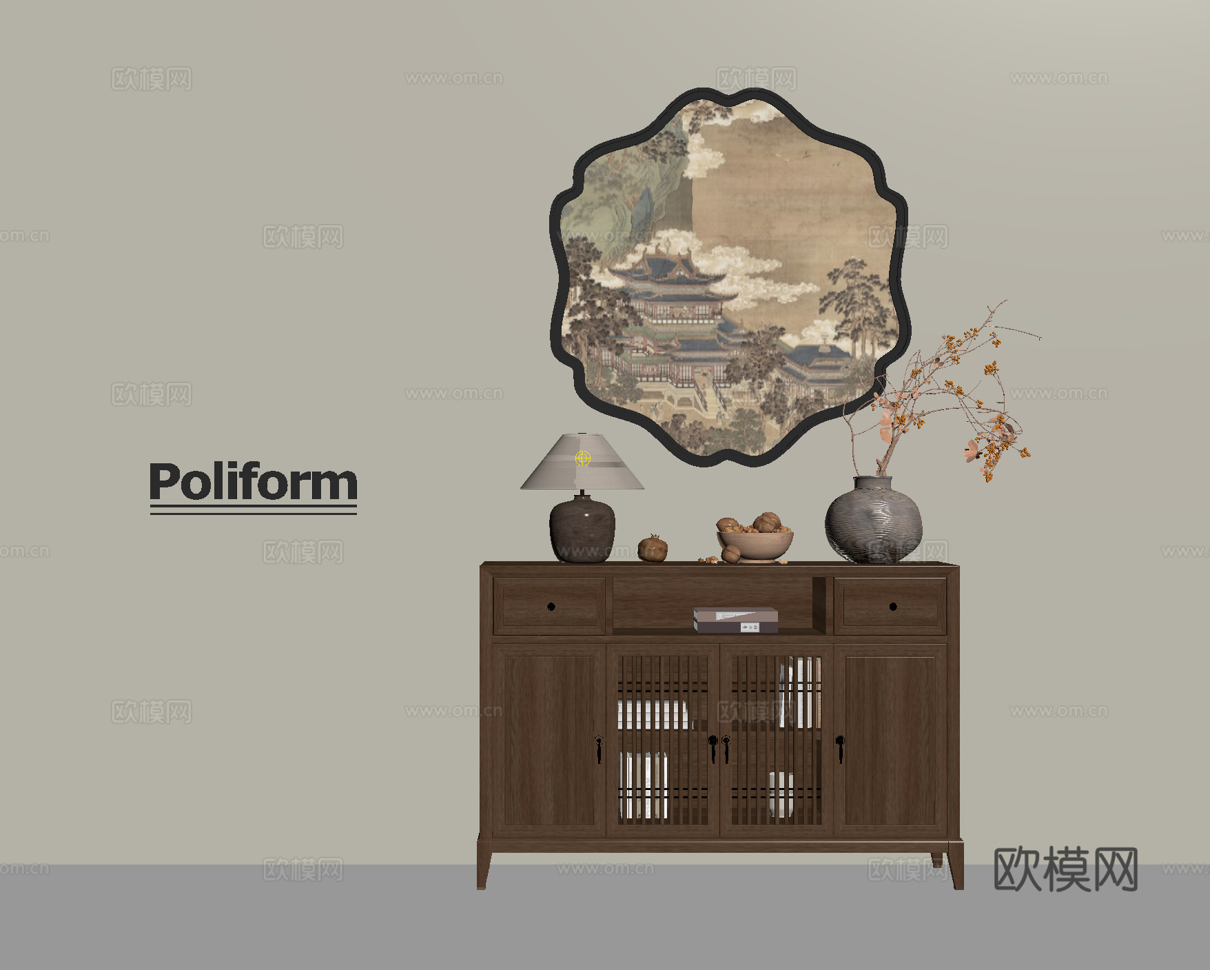 新中式玄关柜 斗柜 装饰柜 茶水柜 木材 挂画 盆栽su模型
