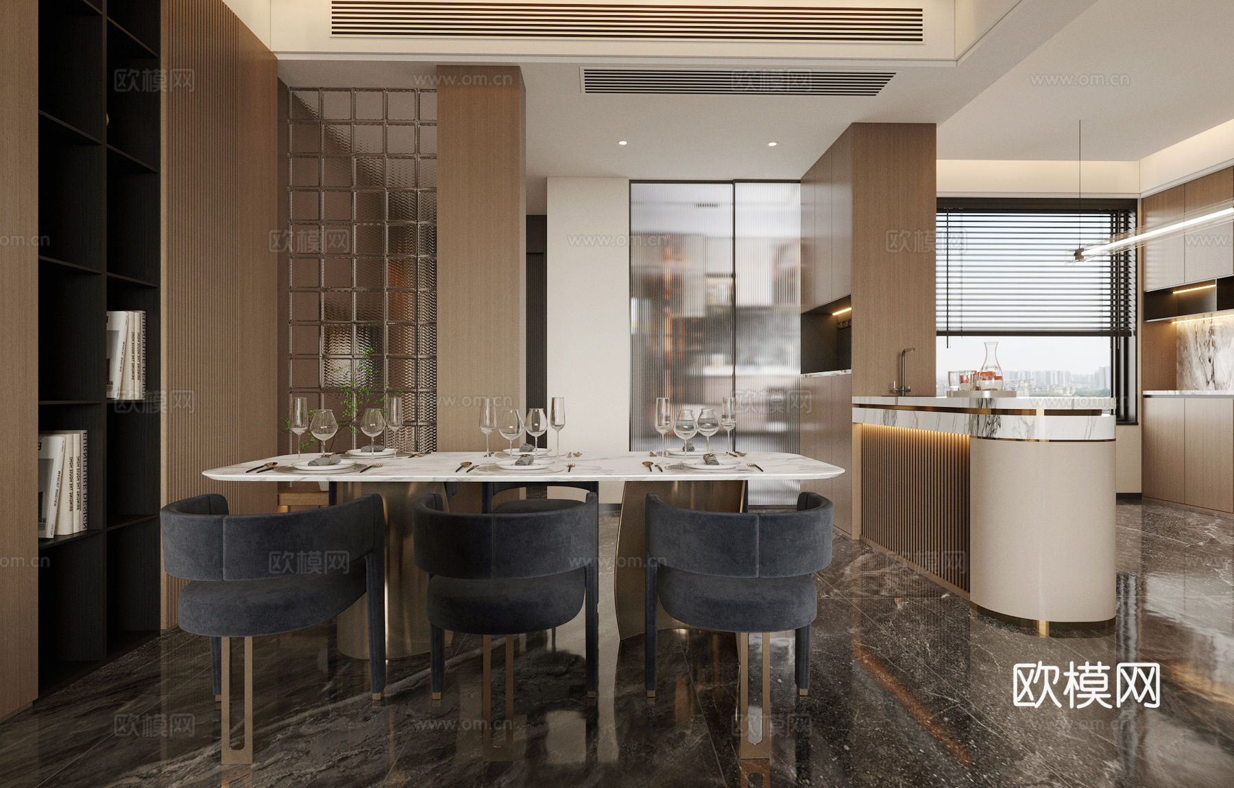 现代意式岛台餐厅 轻奢意式餐厅 开放式餐厅 岛台餐桌椅3d模型下载