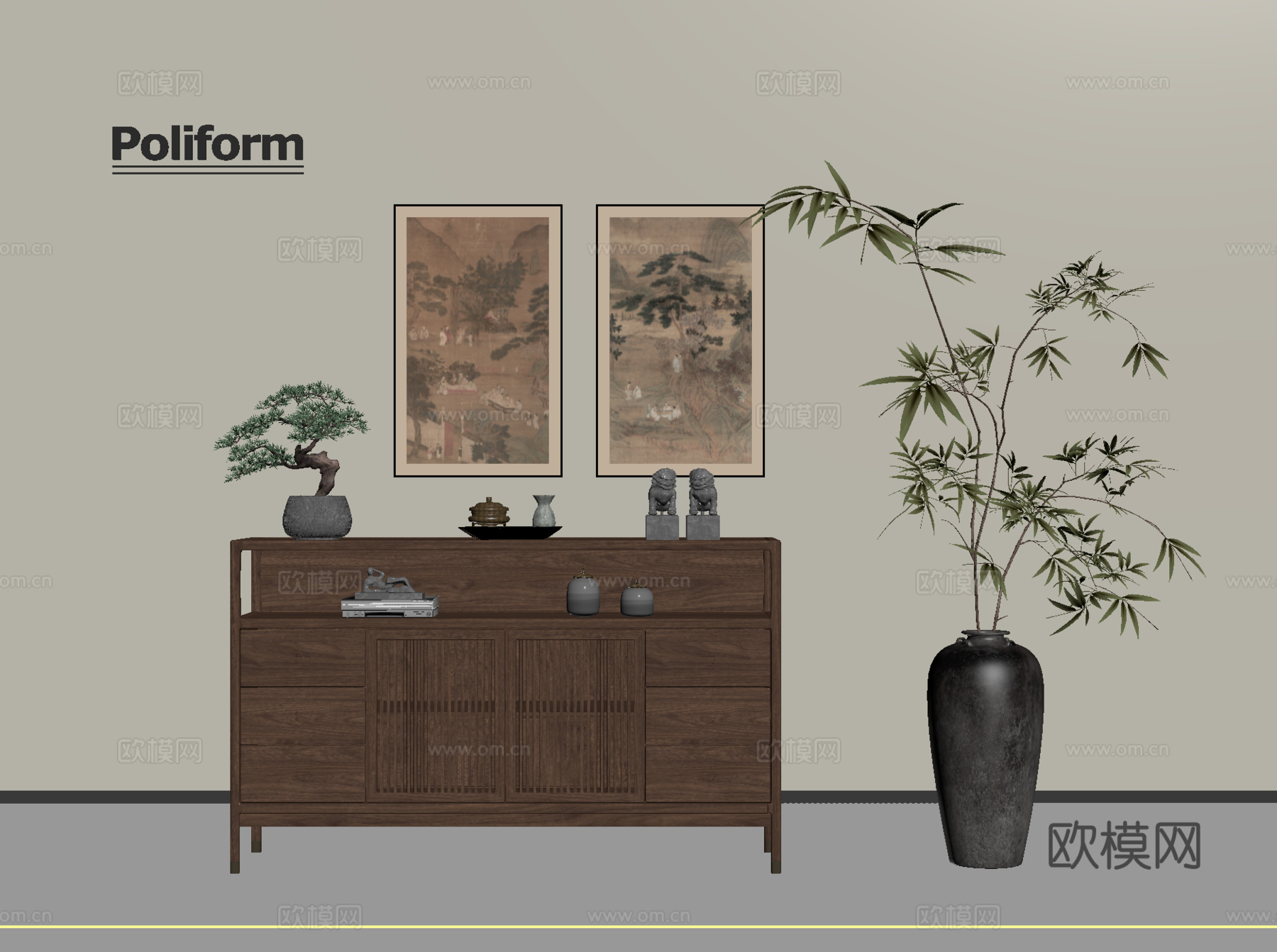 新中式玄关柜 斗柜 装饰柜 木材 挂画 盆栽su模型
