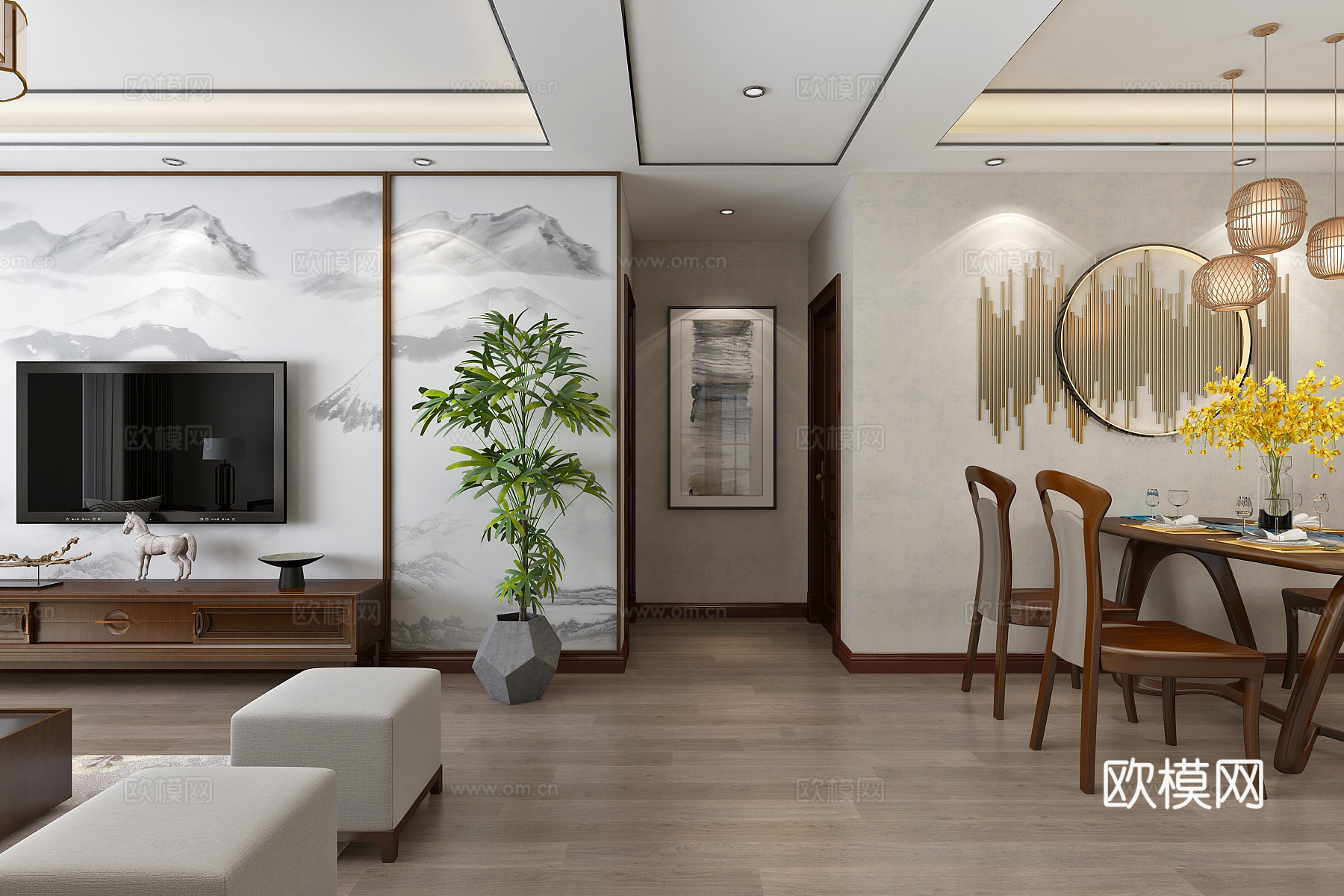 新中式客餐厅3D模型 沙发组合 茶几 电视柜 餐桌椅鱼缸3d模型下载（渲染图3）