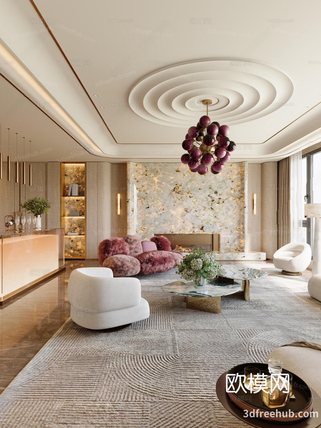 现代轻奢大平层客餐厅 高光客厅 发光吧台 轻奢餐厅 透光石3d模型下载