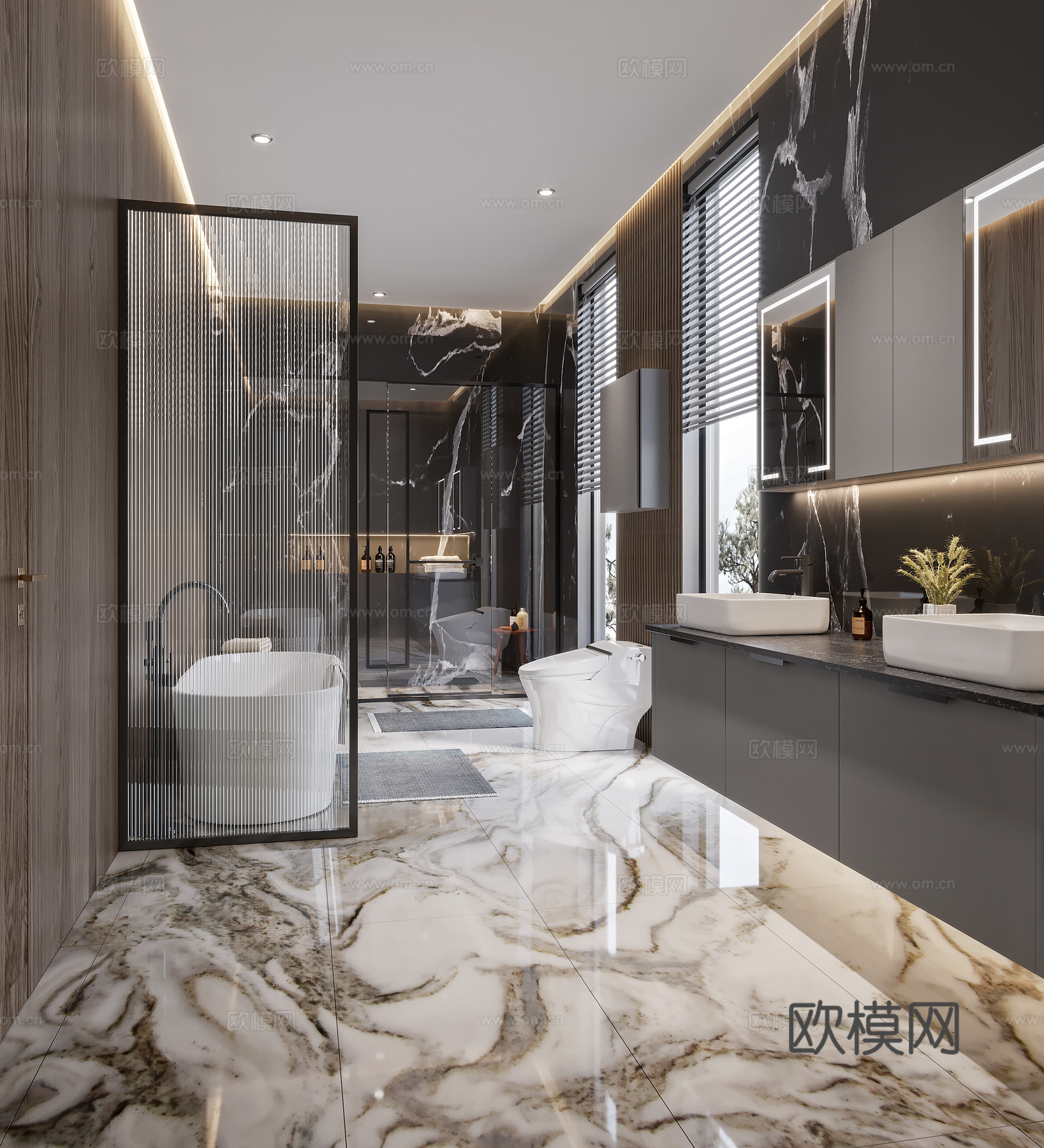 别墅卫生间现代卫生间干湿分离卫生间 主卧卫生间 浴缸卫生间3d模型下载（渲染图1）