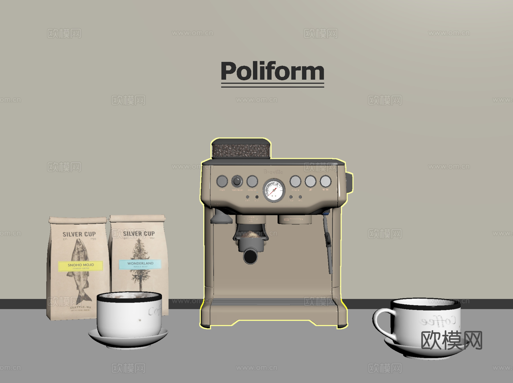 现代咖啡机 咖啡杯 袋装咖啡豆su模型