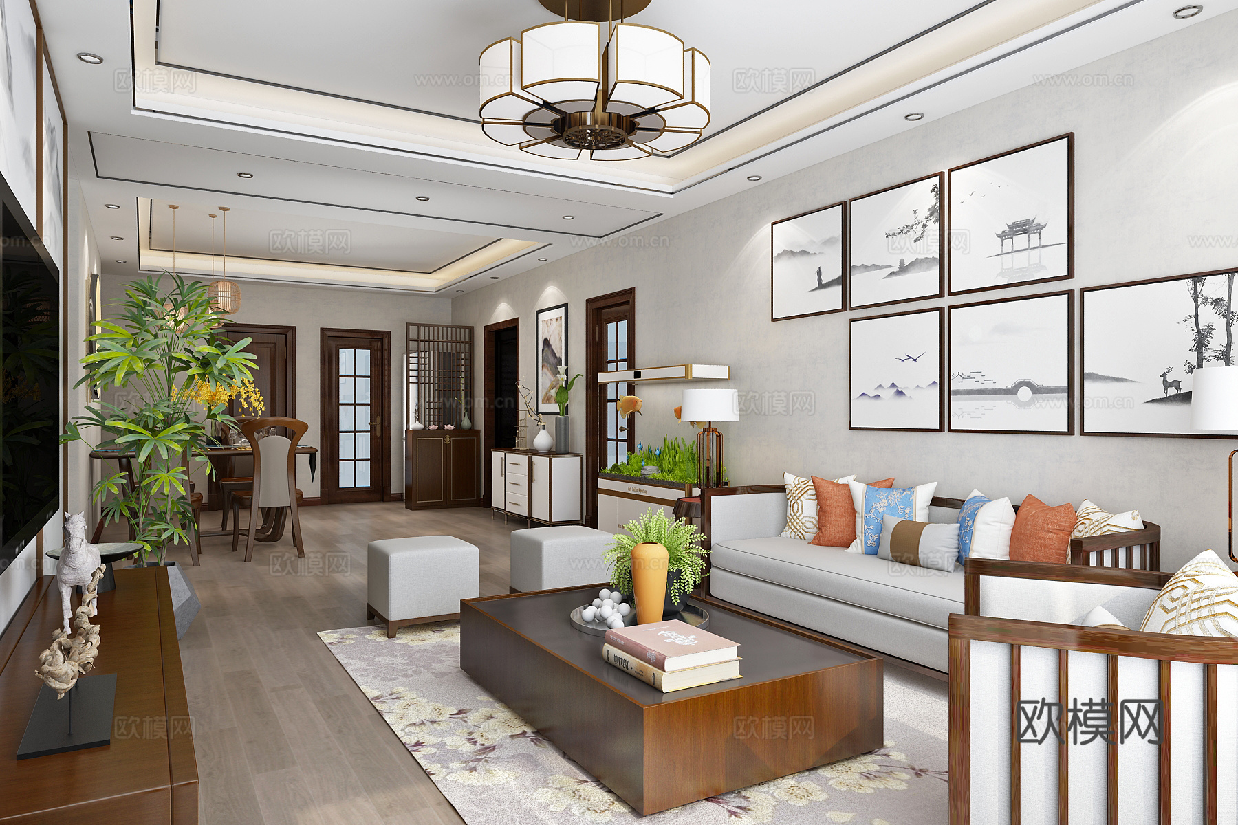 新中式客餐厅3D模型 沙发组合 茶几 电视柜 餐桌椅鱼缸3d模型下载（渲染图1）