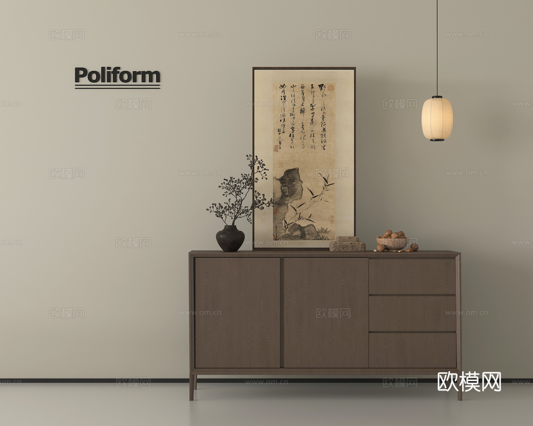 新中式玄关柜 斗柜 装饰柜 挂画 盆栽su模型
