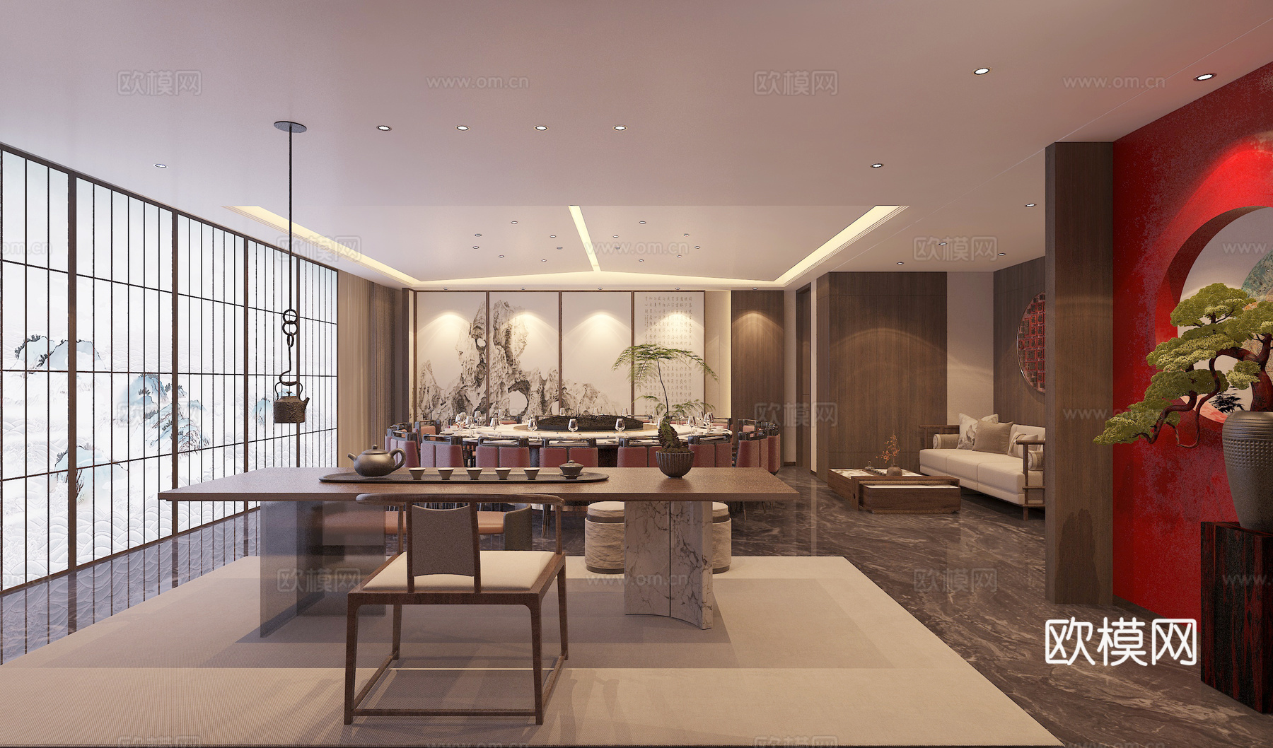 新中式20人超大包厢餐厅3d模型下载（渲染图2）
