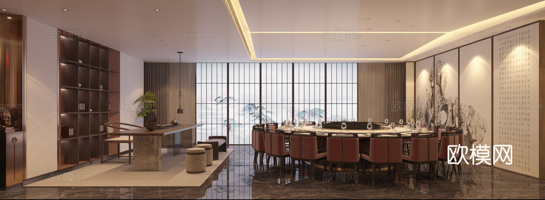 新中式20人超大包厢餐厅3d模型下载（渲染图4）