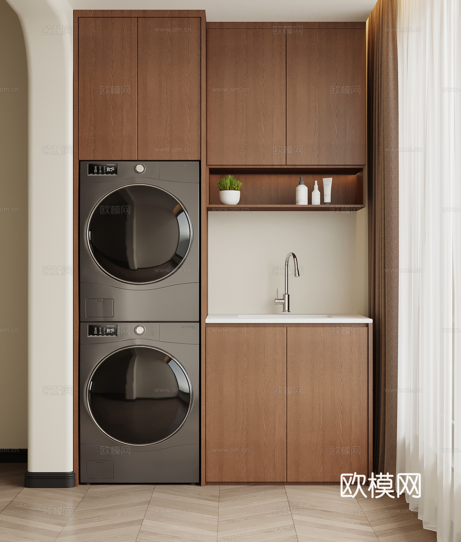 中古风洗衣机柜 阳台柜su模型