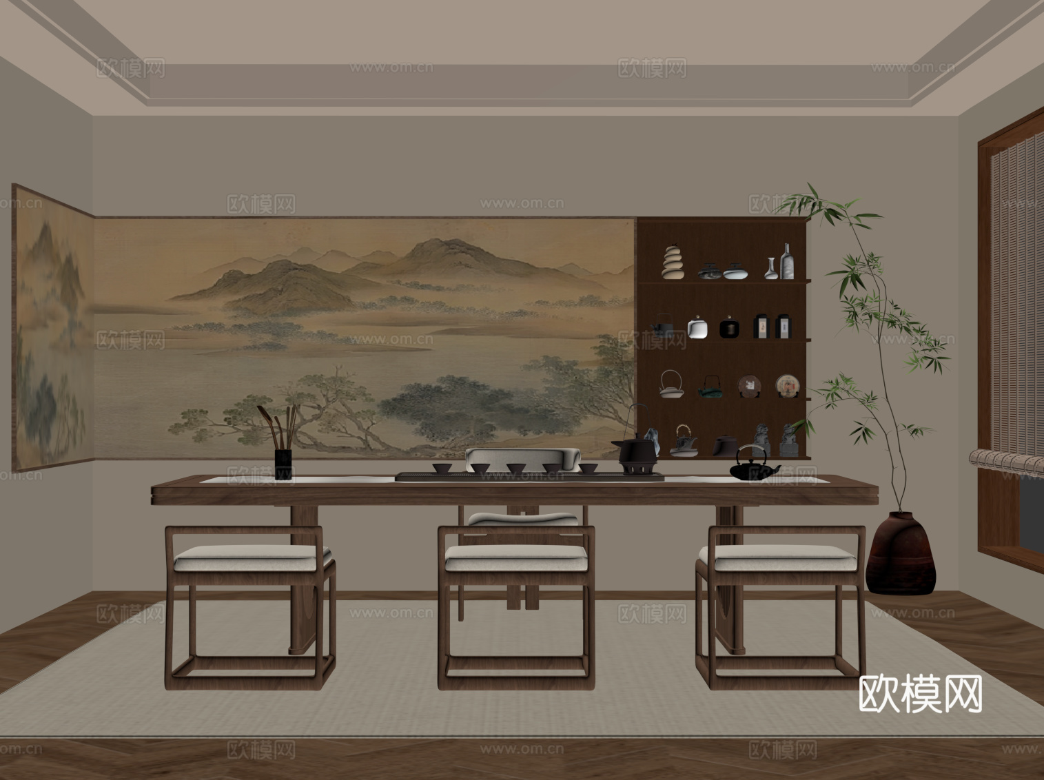 新中式茶室 茶桌椅su模型