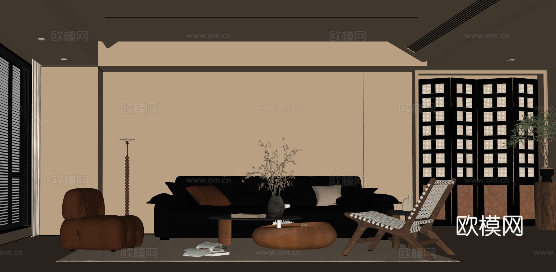 中古侘寂风客厅 沙发茶几组合 绿植 饰品摆件 台灯  背景墙su模型