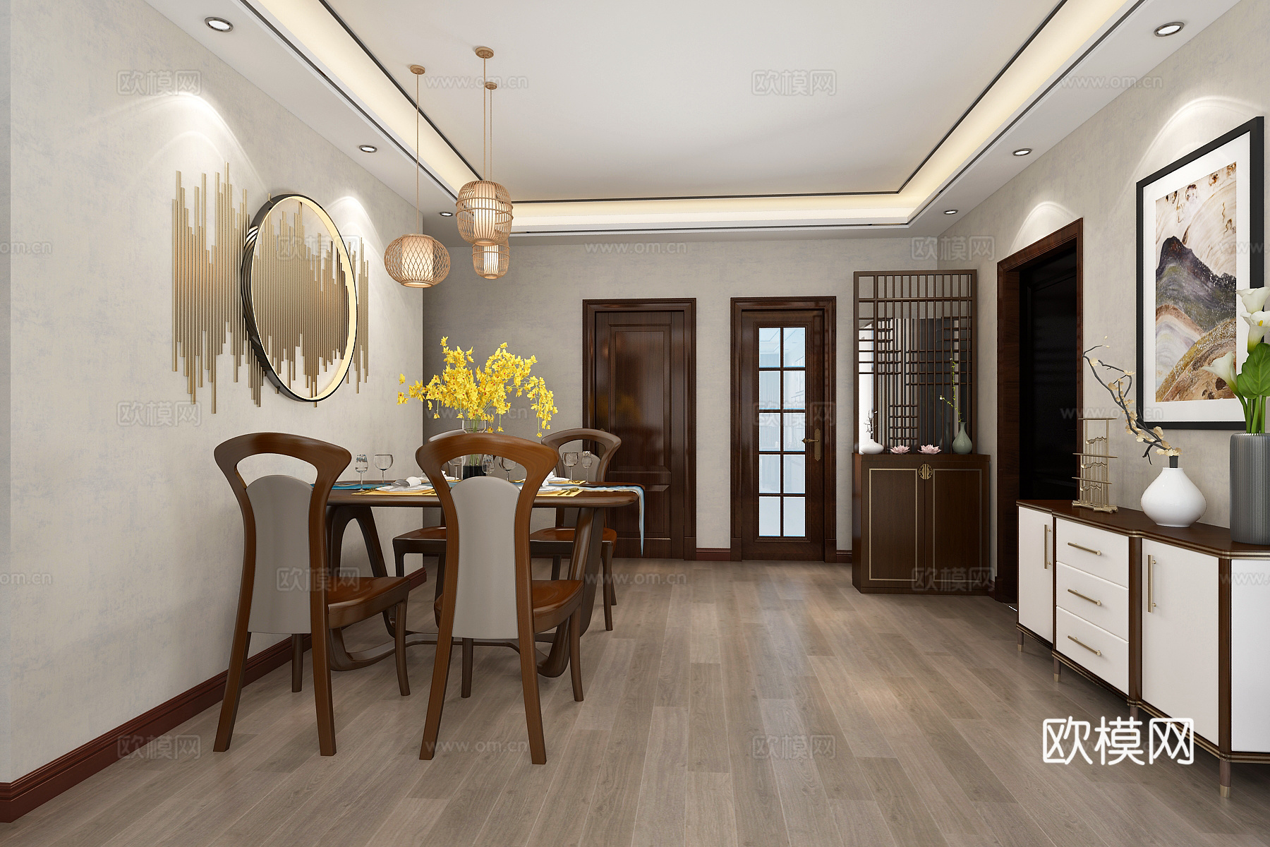 新中式客餐厅3D模型 沙发组合 茶几 电视柜 餐桌椅鱼缸3d模型下载（渲染图4）