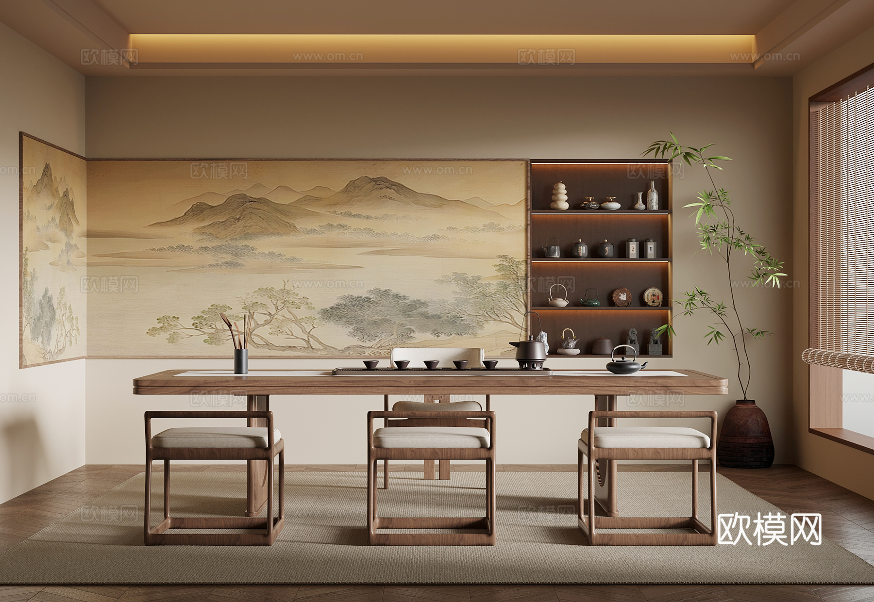 新中式茶室 茶桌椅su模型