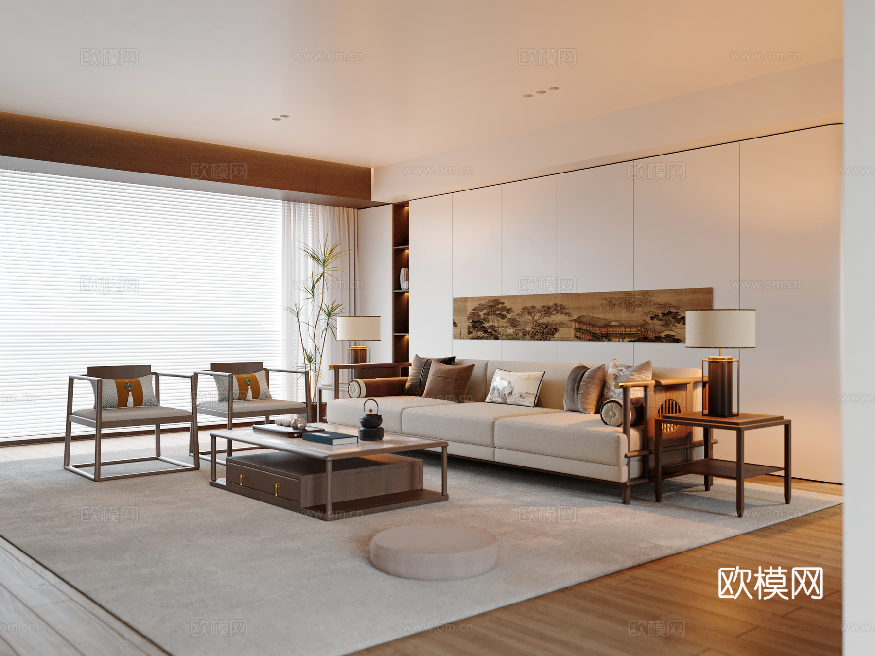 新中式宋式客厅免费3d模型下载