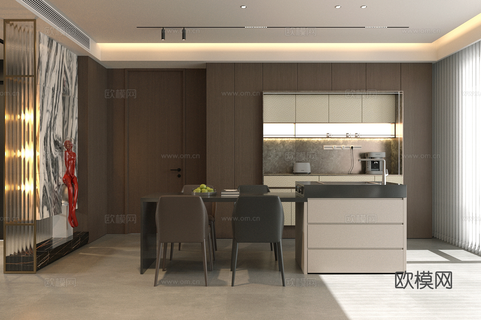 现代意式岛台餐厅 轻奢意式餐厅 开放式餐厅 岛台餐桌椅3d模型下载