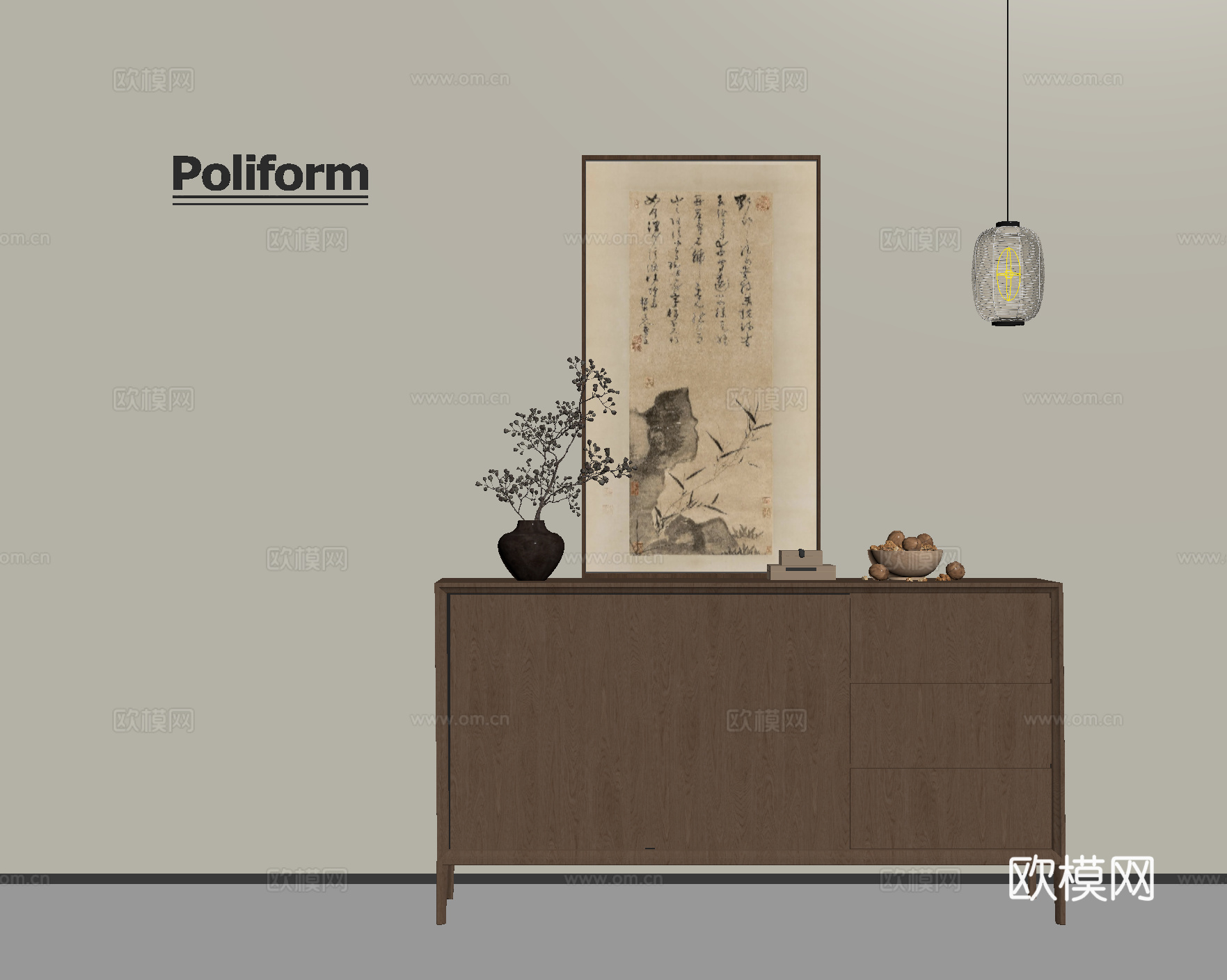 新中式玄关柜 斗柜 装饰柜 挂画 盆栽su模型